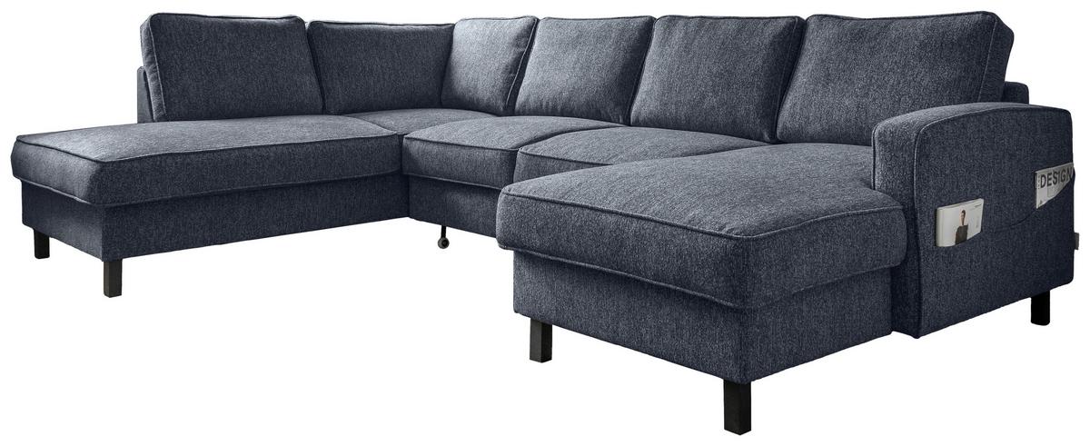 Sedačka MELANIE U, ľavá, tm.modrá, úl.priestor a lôžko - čierna/tmavomodrá, drevo/textil (198/298/148cm) - MID.YOU