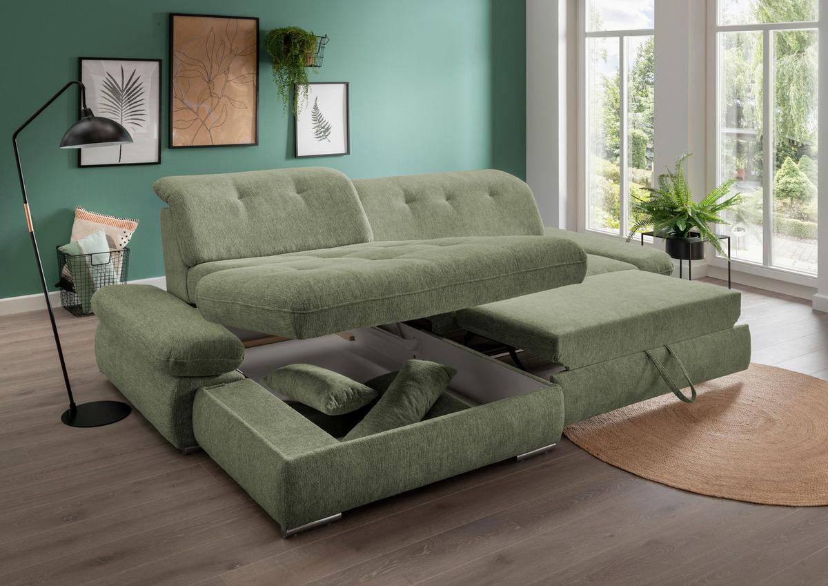 Ecksofa Mit Schlaffunktion Dalida Grün Chenille - Chromfarben/Grün, Design, Textil (196/300cm) - Livetastic