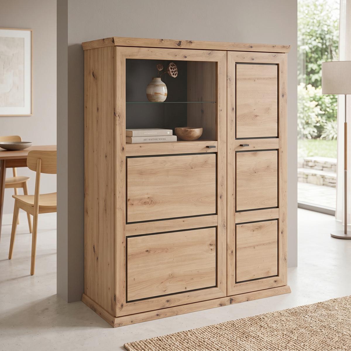 Highboard mit Glaselement 104,8cm Harvey, Eiche Dekor - Eichefarben/Anthrazit, LIFESTYLE, Glas/Holzwerkstoff (104,8/134,4/43cm)