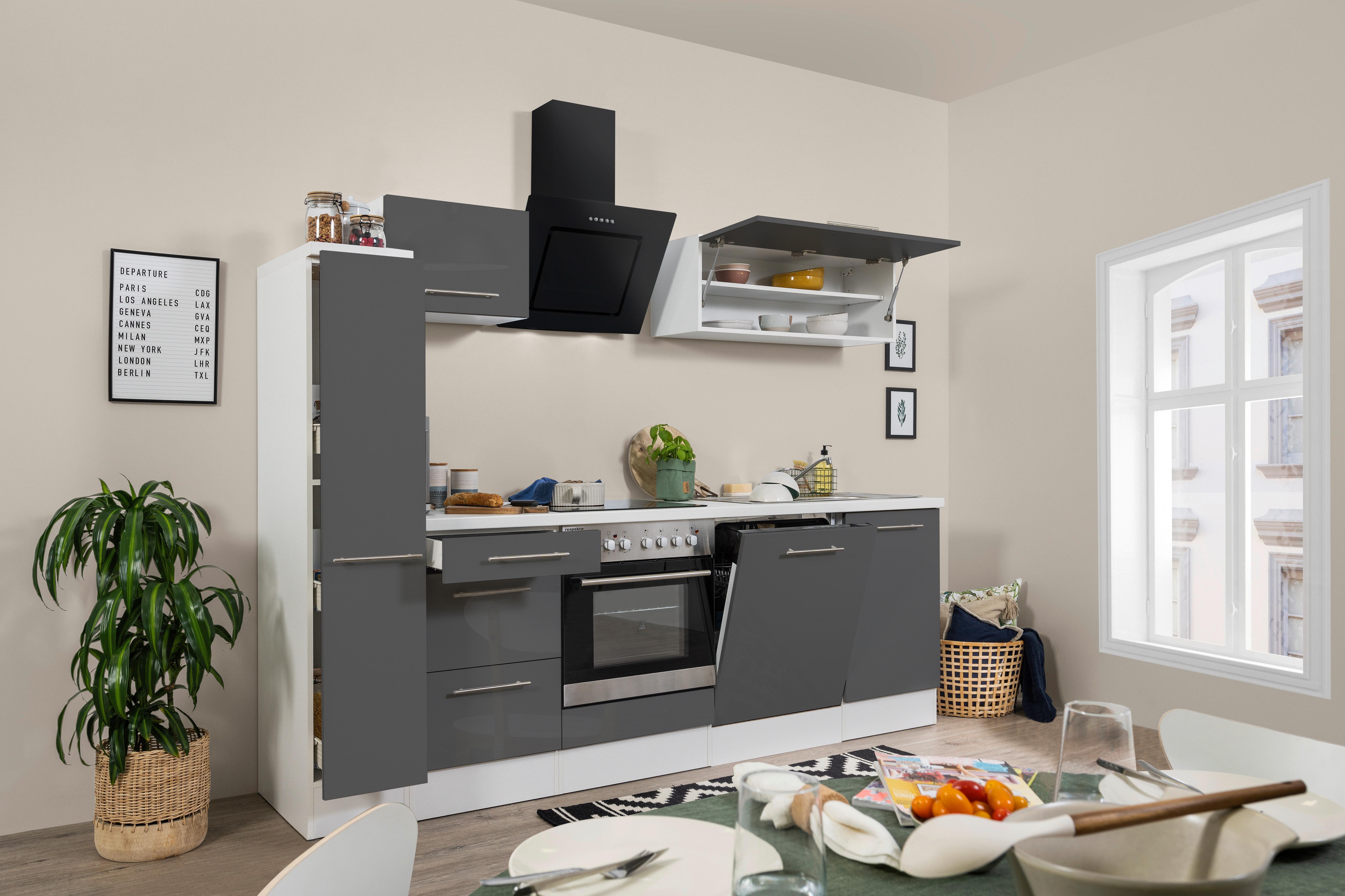 Küchenzeile Rp250wgc Mit Geräte 250 Cm Grau/weiß - Schwarz/Weiß, KONVENTIONELL, Holzwerkstoff (250cm) - Respekta