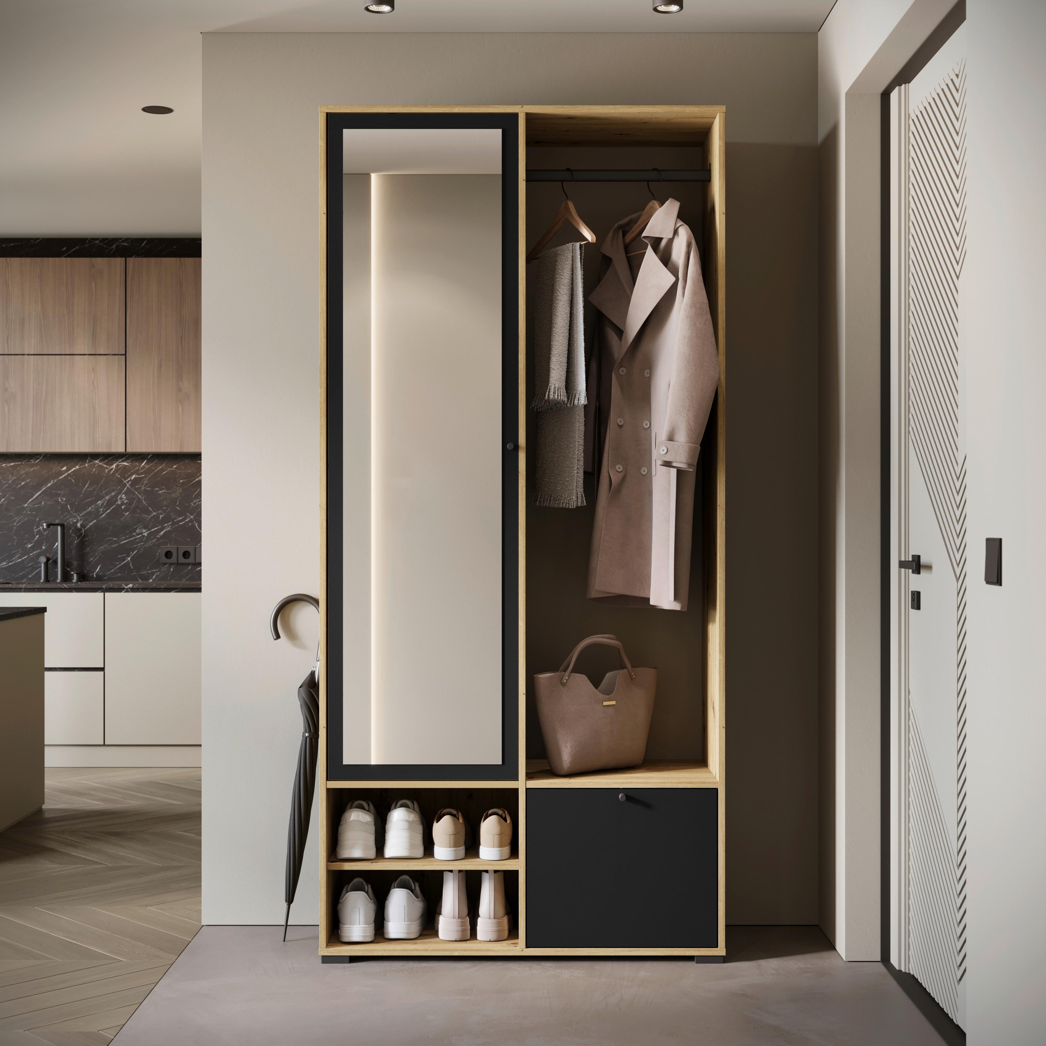 Garderobe Dino Eiche Artisan/schwarz B: 90 Cm - Schwarz/Eiche Artisan, Trend, Holzwerkstoff (90/190/33cm)