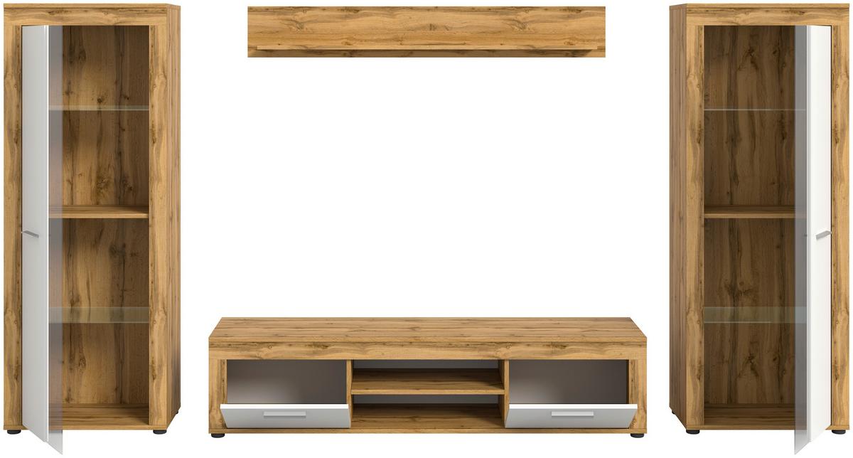 Wohnwand Jam Eiche Wotan Dekor B: 310cm - Eiche Wotan/Schwarz, Design, Glas/Holzwerkstoff (310/159/35cm) - MID.YOU