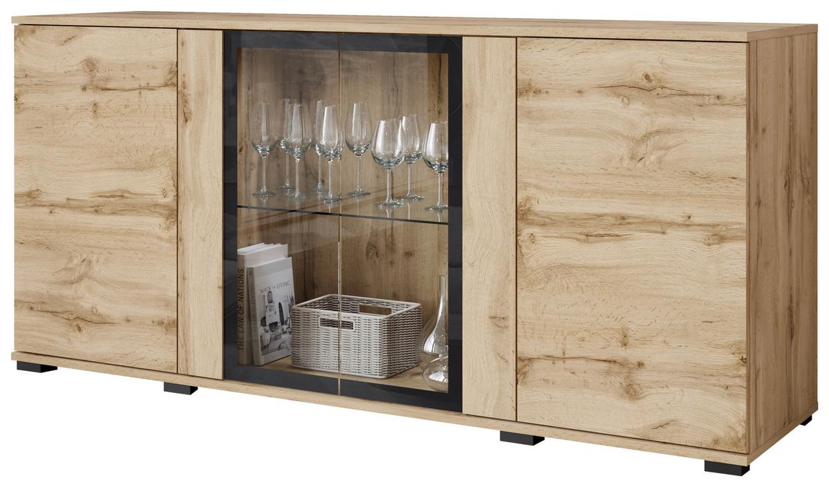 Kommode Caro Eiche Wotan B: 150 cm - Eiche Wotan/Schwarz, Design, Glas/Holzwerkstoff (150/69,7/39,5cm) - Livetastic