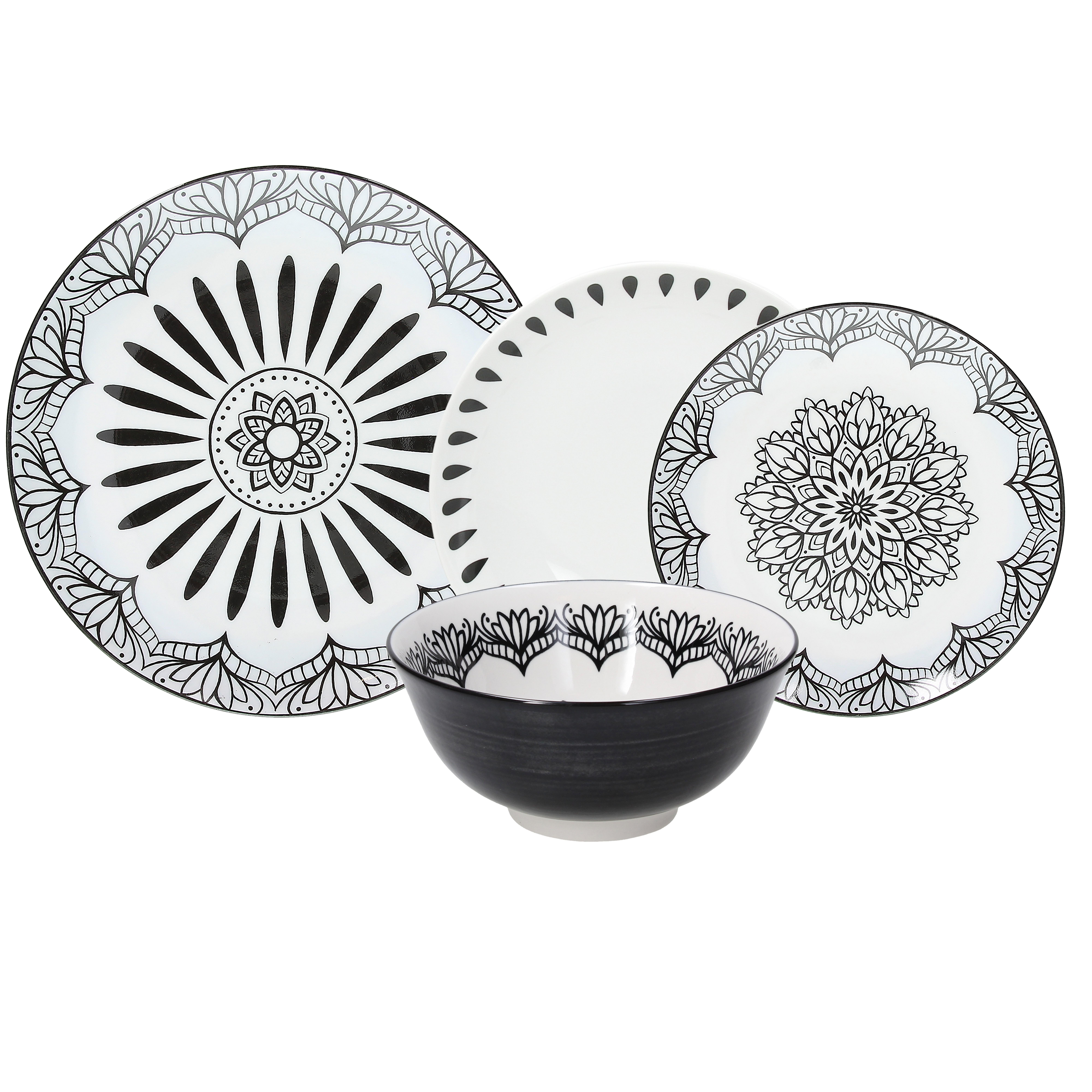 Kombinovaný Servis Mandala Chic, 24dílný - bílá/černá, Lifestyle, keramika - Premium Living