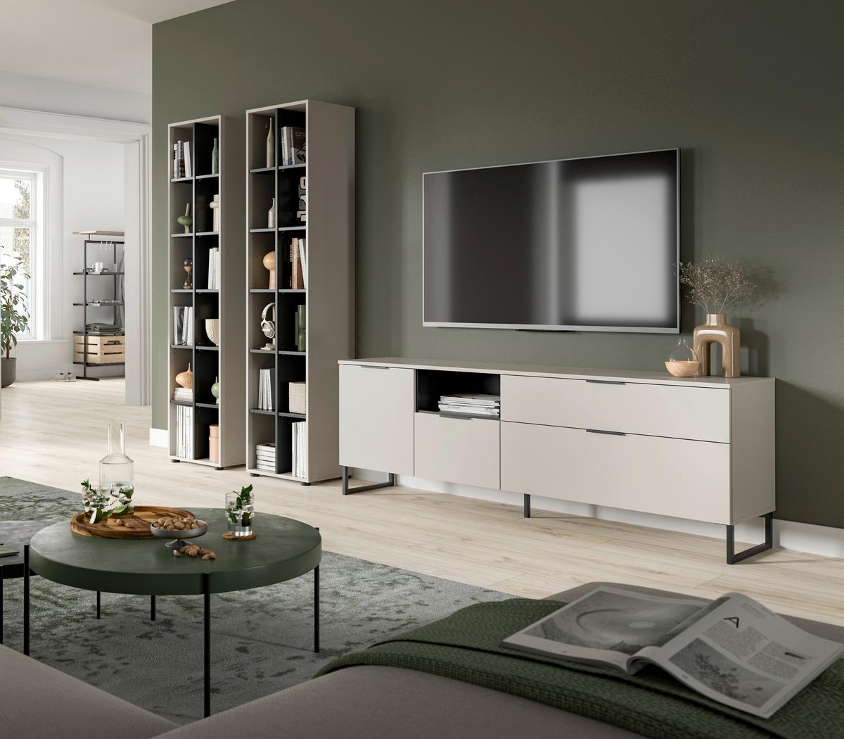 WOHNWAND Noida Kaschmirfarben B: 305cm - Kaschmir/Schwarz, Design, Holzwerkstoff (305/192/41cm) - Livetastic