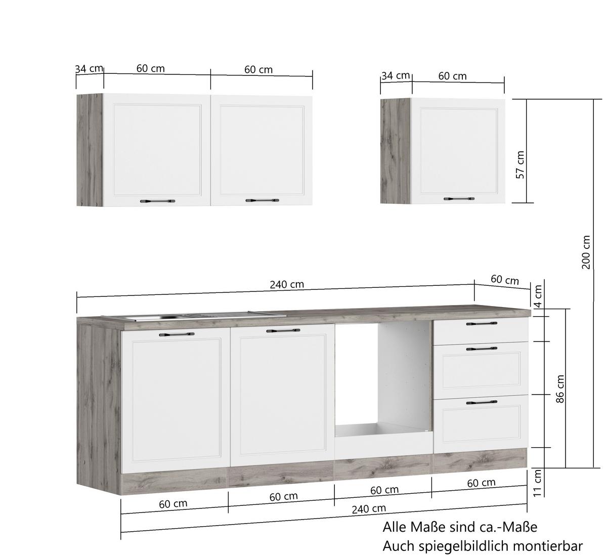 Küchenzeile Meran Mit Geräten B: 240 Cm Weiß/eiche Dekor - Eiche Wotan/Weiß, LIFESTYLE, Holzwerkstoff (240cm) - Held