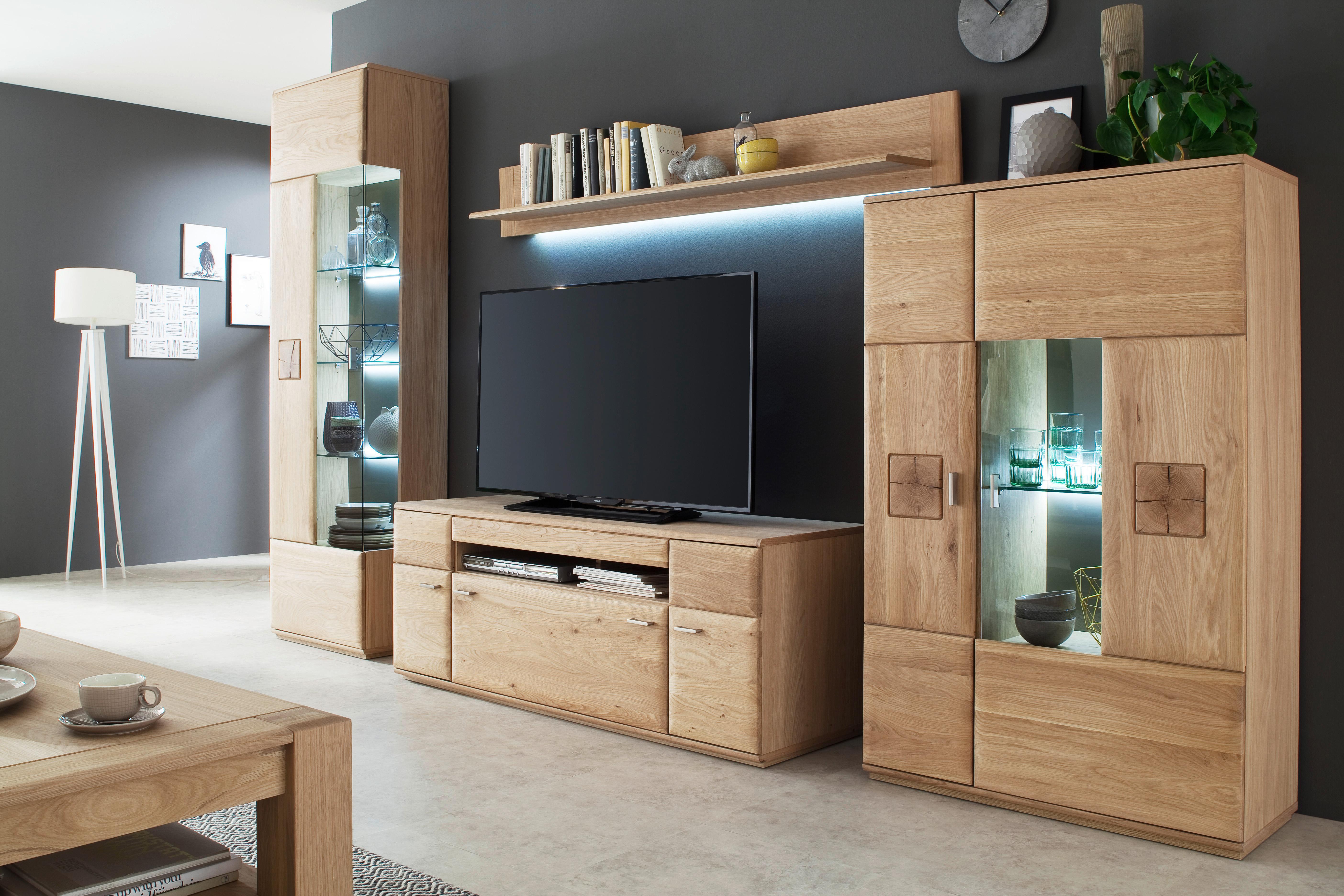 Highboard teilmassiv B: 90 cm Bologna Eichefarben - Eichefarben, Design, Glas/Holz (90/141/38cm) - Livetastic