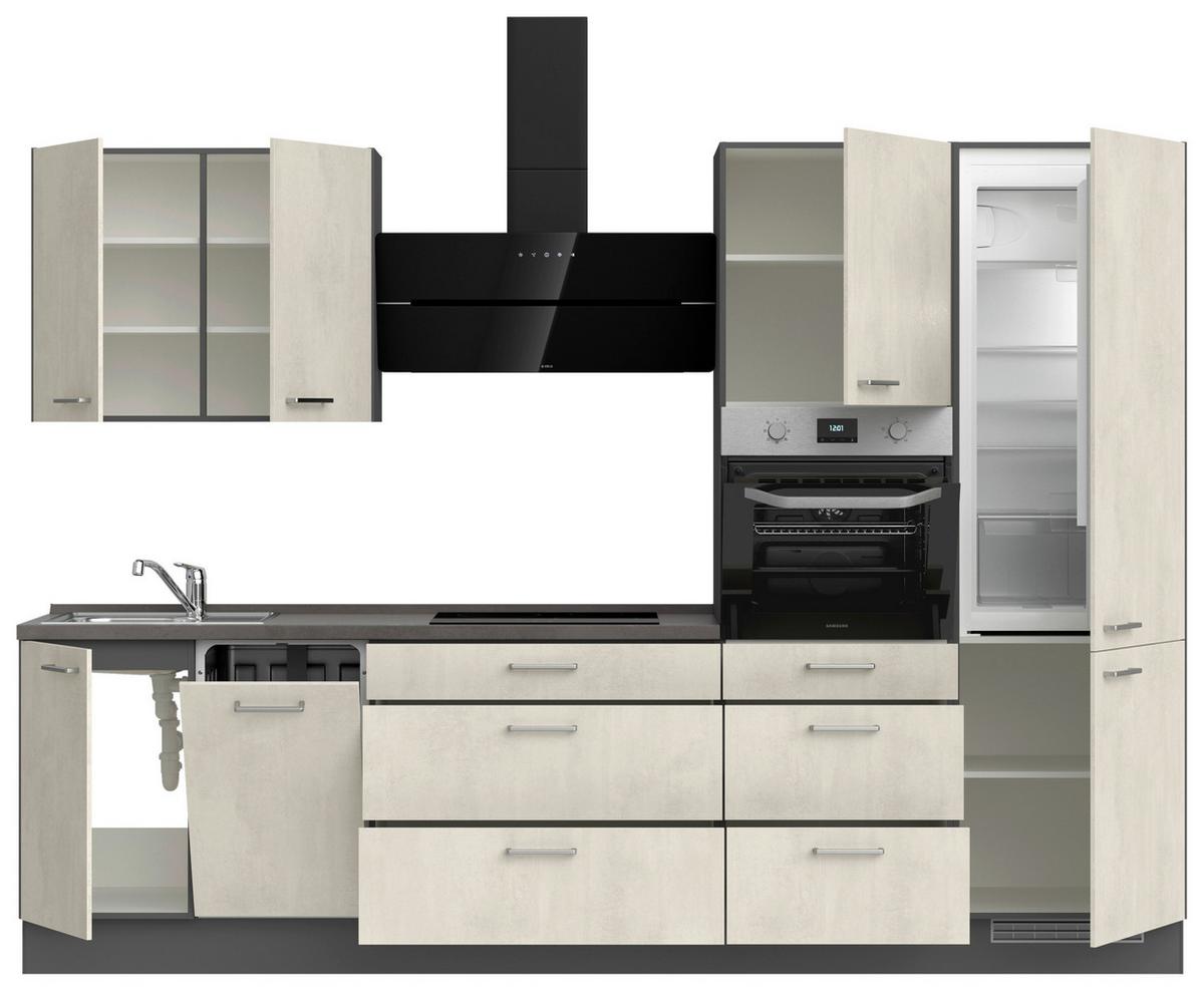 Kuchynská linka 300CM biely betón/ bridlicová šedá - biela/farba ušľachtilej ocele, Modern, kov/kompozitné drevo (300cm) - Nobilia