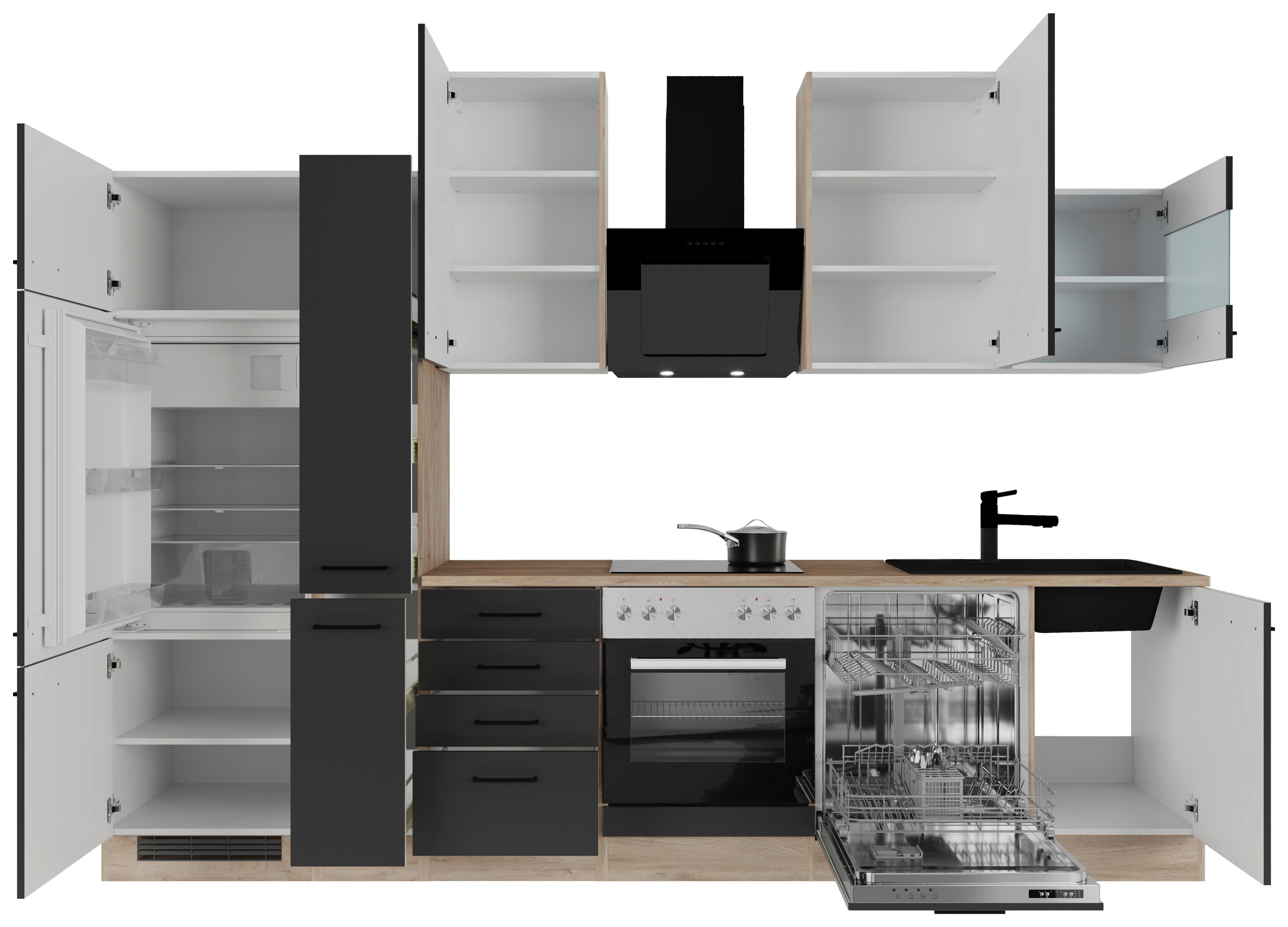 Küchenblock Capri Eiche/Schwarz B: 310 cm - Eichefarben/Schwarz, Basics, Holzwerkstoff (310cm) - FlexWell