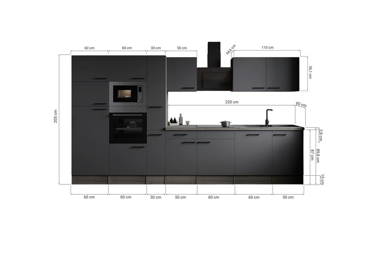 Küchenblock Oliver Grau, Eiche Dekor B: 370 Cm - Eichefarben/Eiche Artisan, Design, Holzwerkstoff (370cm) - Respekta