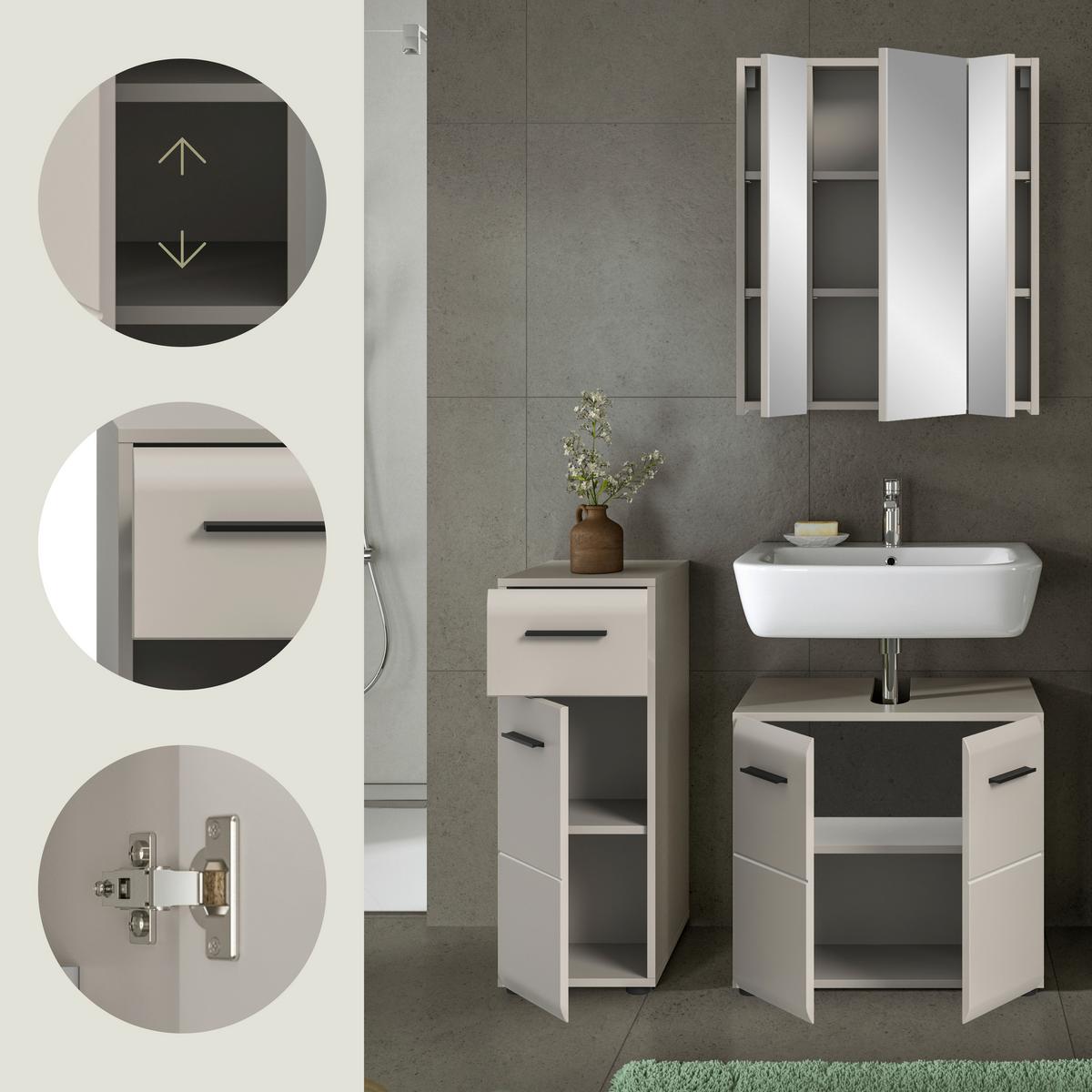 Badezimmer Ice Kaschmir B: 90cm - Kaschmir/Schwarz, Trend, Glas/Holzwerkstoff (90cm) - MID.YOU