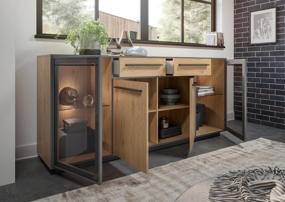 Sideboard Nadiro B: 187 cm Wildeiche Dekor/Schwarz Matt - Eichefarben/Schwarz, Trend, Glas/Holzwerkstoff (187/83/40cm) - Livetastic
