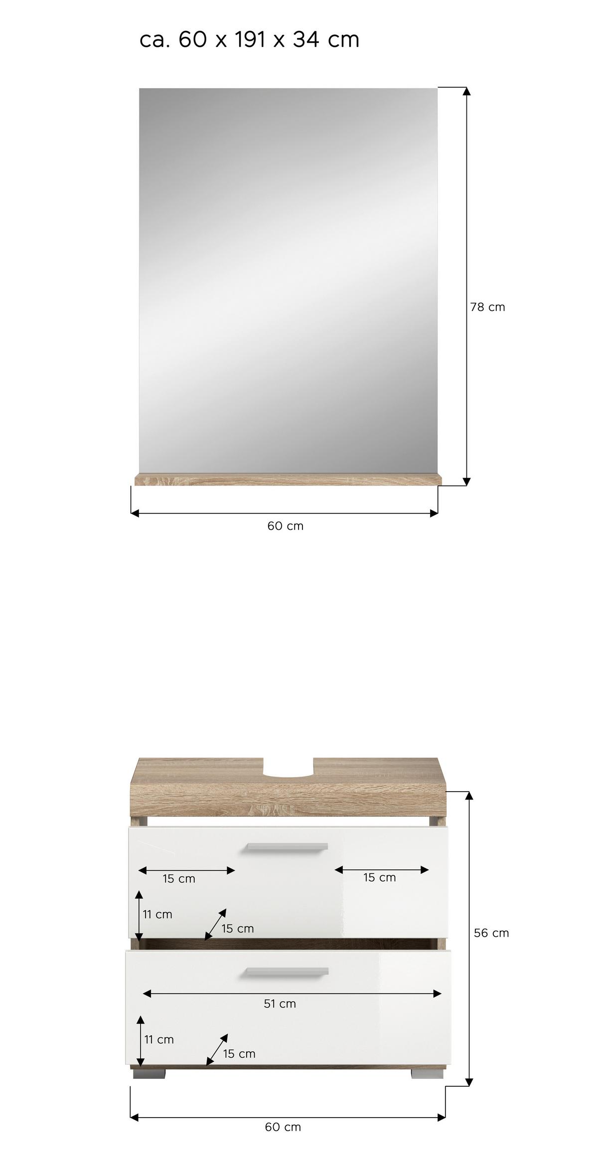 Badezimmer Lambada Eiche Dekor/weiß B: 60 Cm - Weiß Hochglanz/Silberfarben, MODERN, Glas/Holzwerkstoff (60cm) - MID.YOU