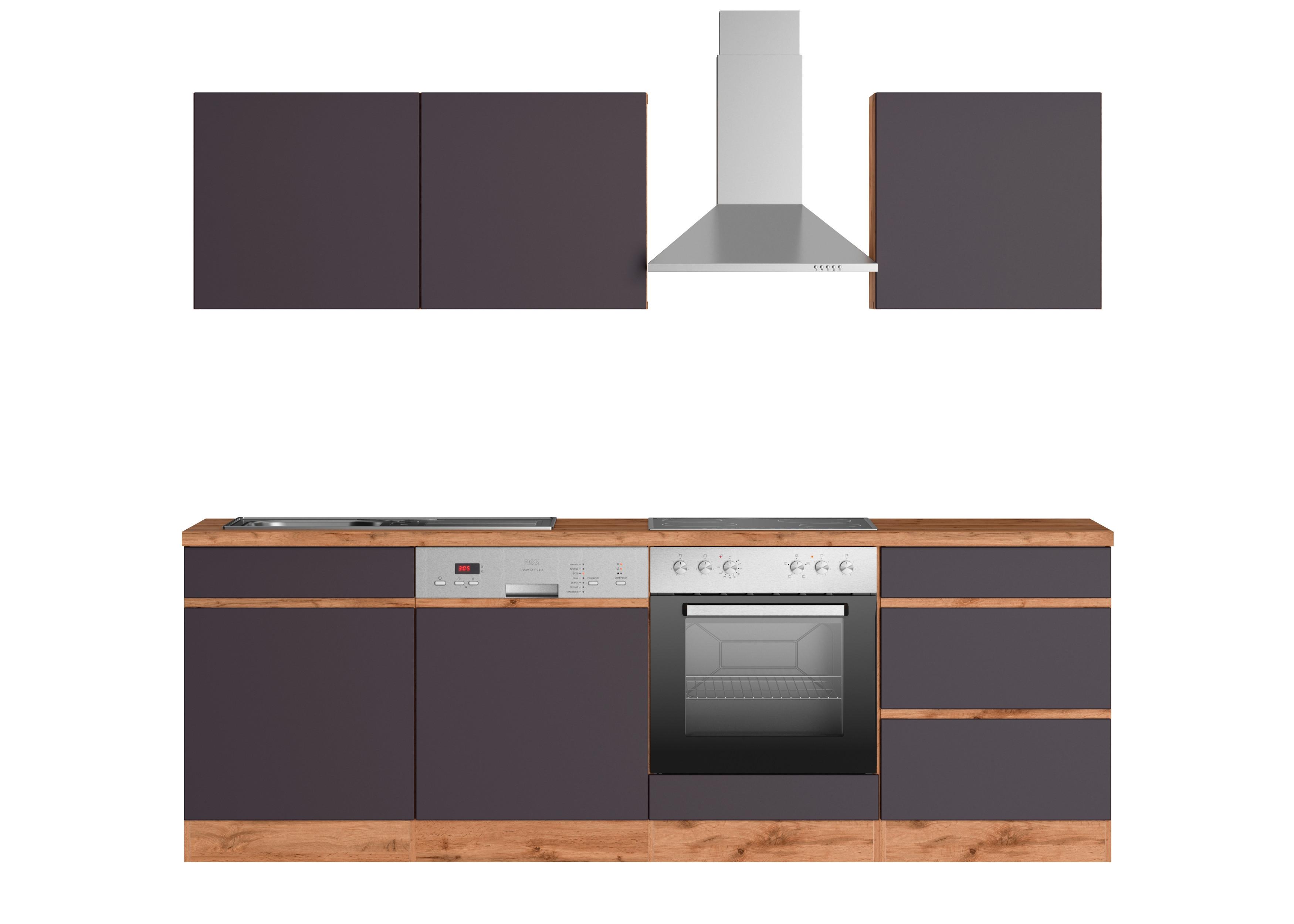 Küchenzeile Turin mit Geräten B: 240cm Grau/Wotaneiche Dekor - Eiche Wotan/Grau, Design, Holzwerkstoff (240cm) - Held