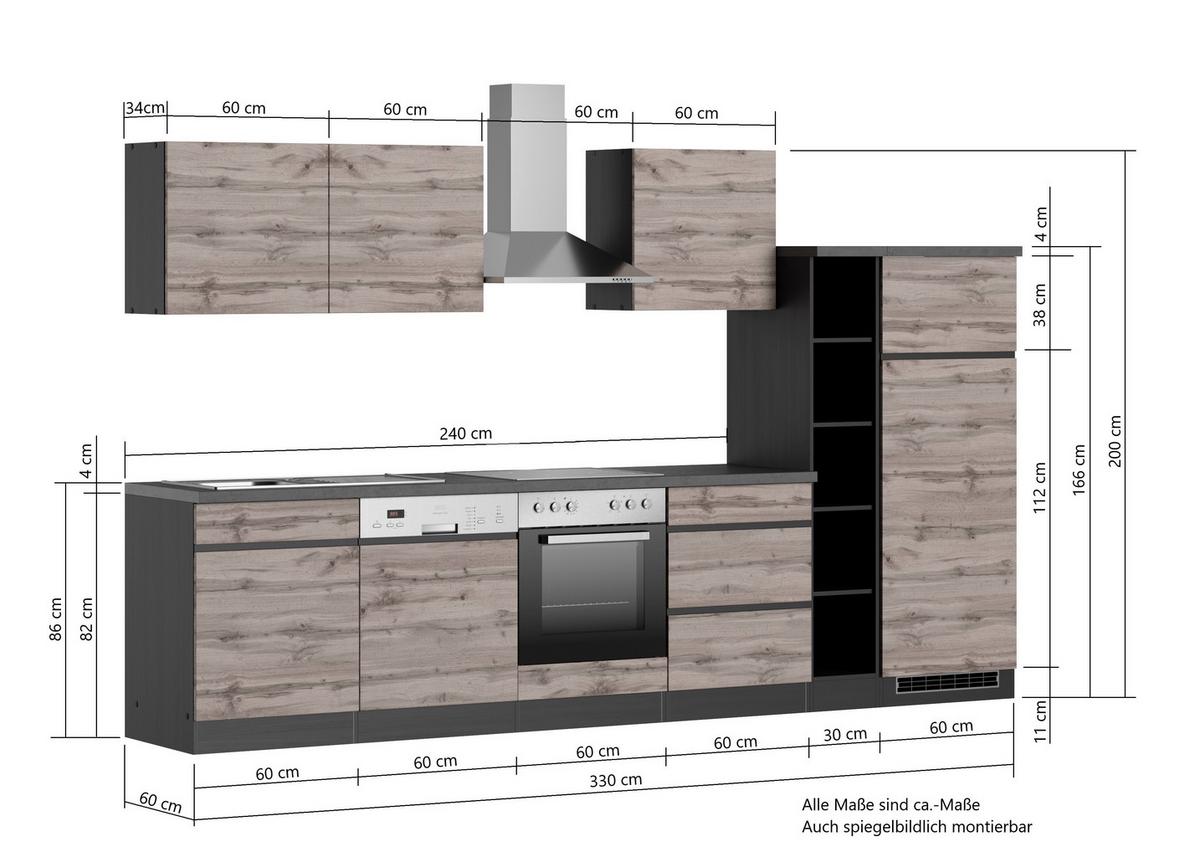 Küchenzeile Turin mit Geräte B: 330 cm Graphit/Eiche Dekor - Eiche Wotan/Graphitfarben, Design, Holzwerkstoff (330cm) - Held