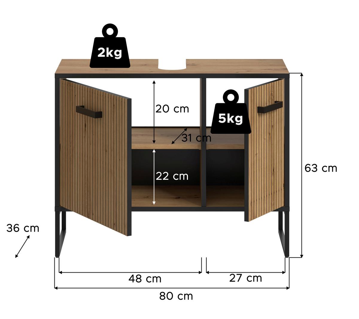 Waschbeckenunterschrank Bagno Schwarz/Eiche Dekor B: 80cm - Schwarz/Eiche Artisan, Trend, Holzwerkstoff (80/63/36cm) - MID.YOU