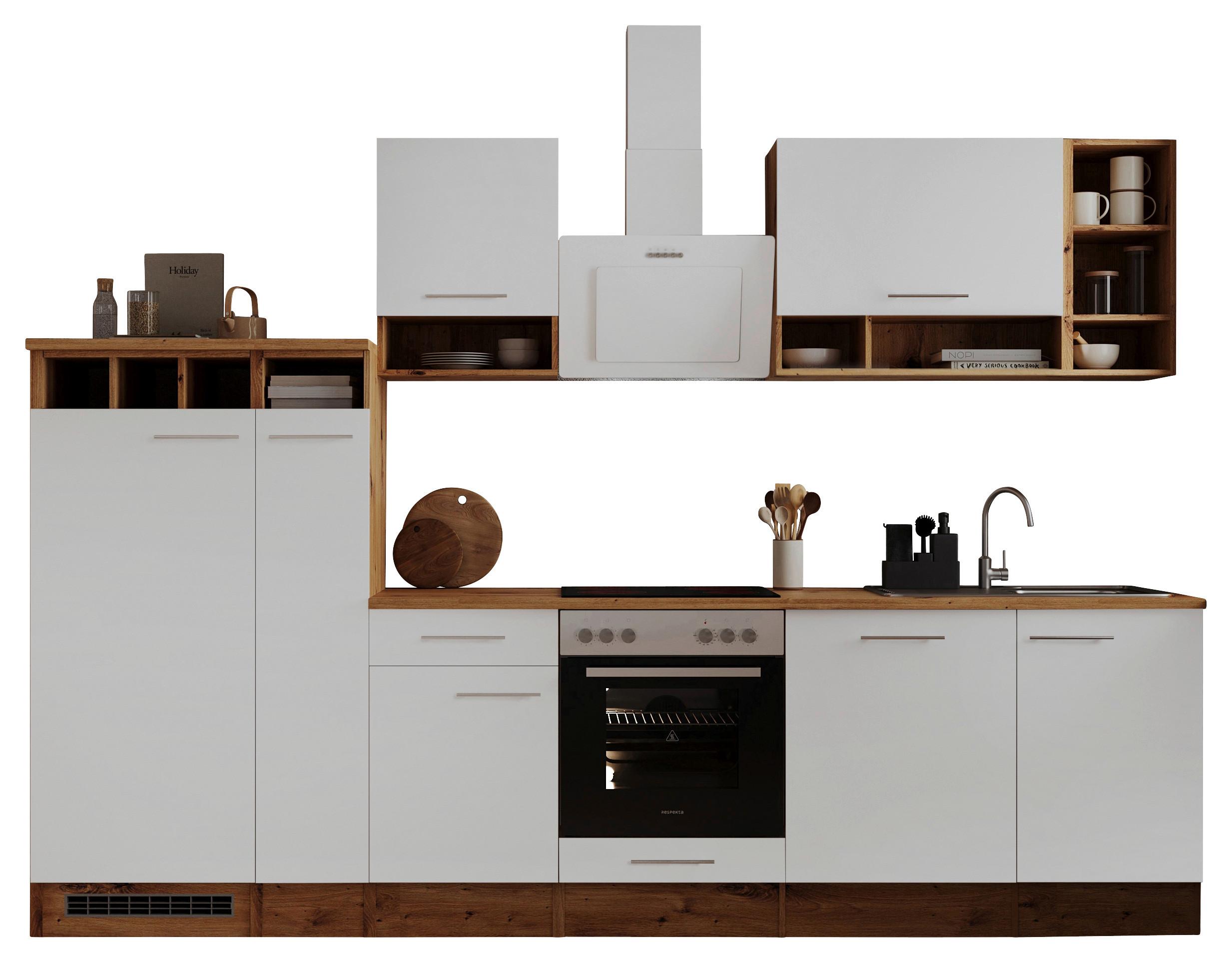 Küchenzeile Economy mit Geräten 310 cm Weiß/Wildeiche - Wildeiche/Weiß, Basics, Holzwerkstoff (310cm) - Respekta