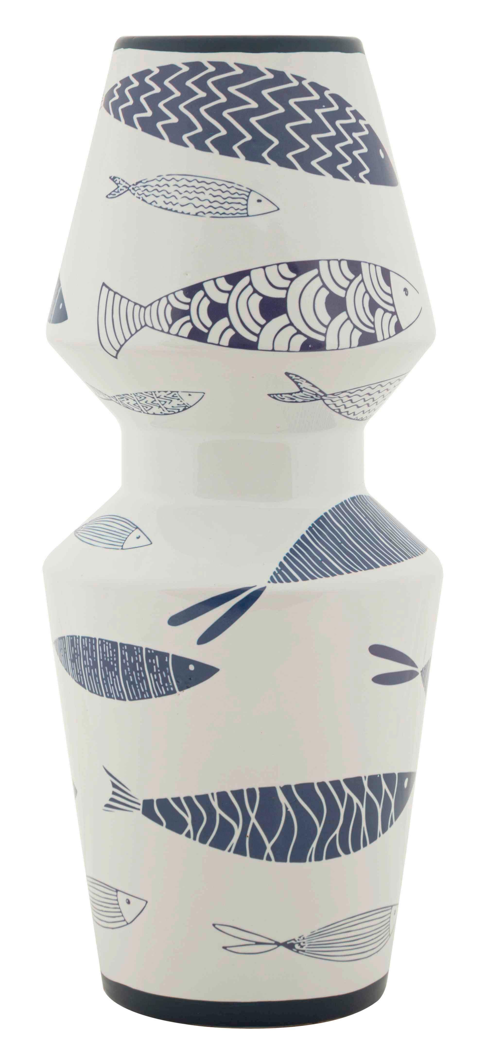 Vase Fish Double Blau, Weiß B: 14cm - Blau/Weiß, Basics, Keramik (14/34/14cm)