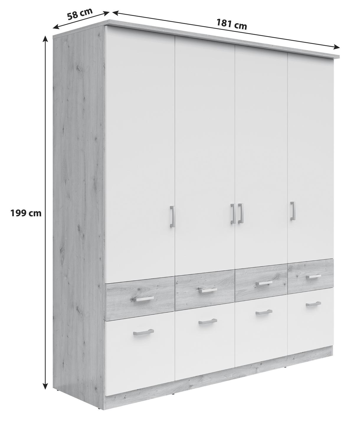 Skříň BRANDO 181cm dekor dub Artisan/bílá matná - bílá/barvy stříbra, Konvenční, kompozitní dřevo/plast (181/199/58cm)