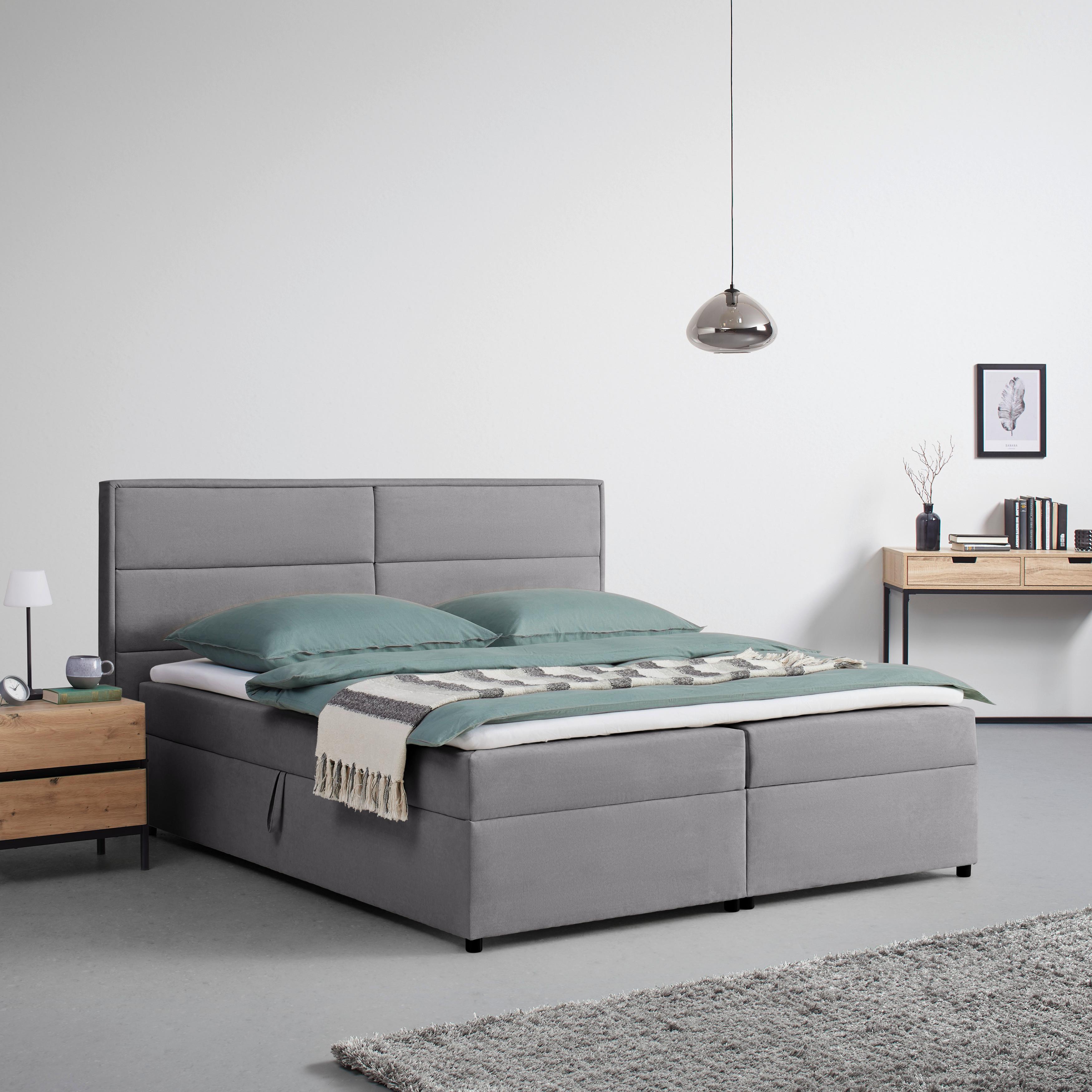 Boxspringová posteľ s toperom, 180x200 cm, sivá - čierna/sivá, Modern, kov/drevo (180/200cm) - Bessagi Home