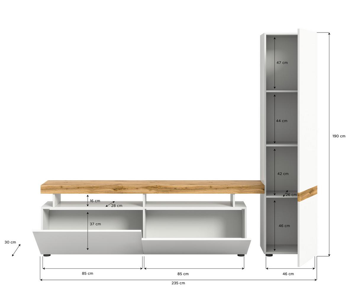 Wohnwand Jam Eiche Wotan Dekor B: 235cm - Eiche Wotan/Schwarz, Design, Holzwerkstoff (235/190/30cm) - MID.YOU