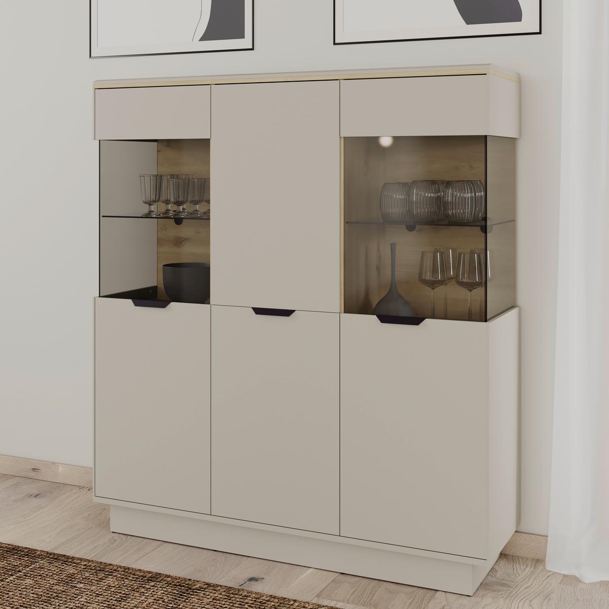 Highboard Darius Eiche Artisan/Kashmir,B:132cm - Kaschmir/Schwarz, Trend, Glas/Holzwerkstoff (132/148,3/37cm)