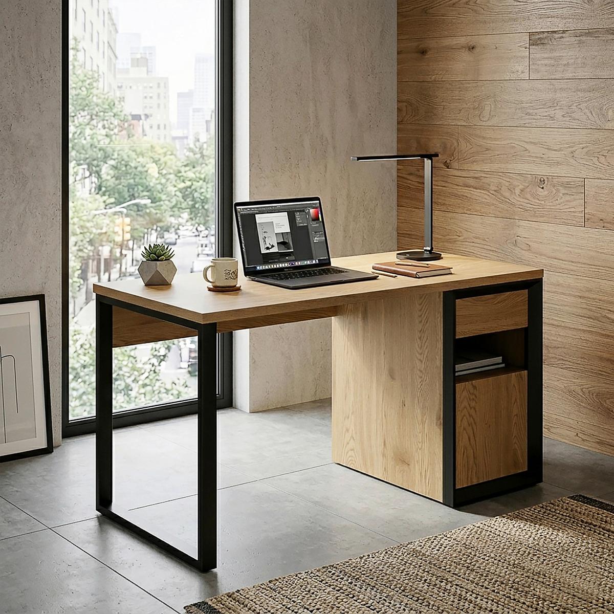 Schreibtisch Pluto Schwarz/Eichefarben L: 140 cm - Eichefarben/Schwarz, MODERN, Holzwerkstoff/Metall (140/59/76cm) - Livetastic