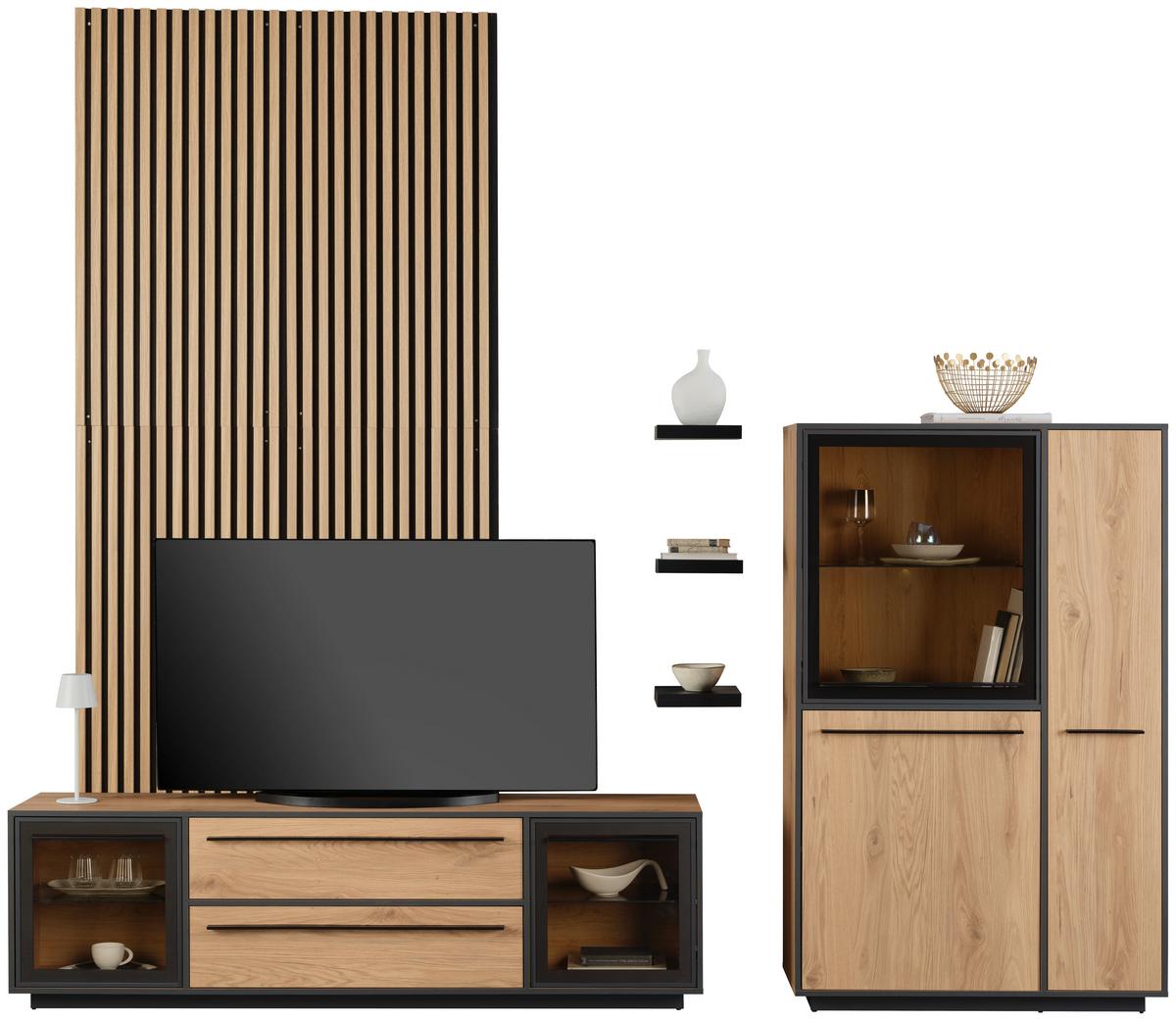 Highboard Nadiro B: 101 Cm Wildeiche Dekor/schwarz Matt - Eichefarben/Schwarz, Trend, Glas/Holzwerkstoff (101/161/41cm) - Livetastic