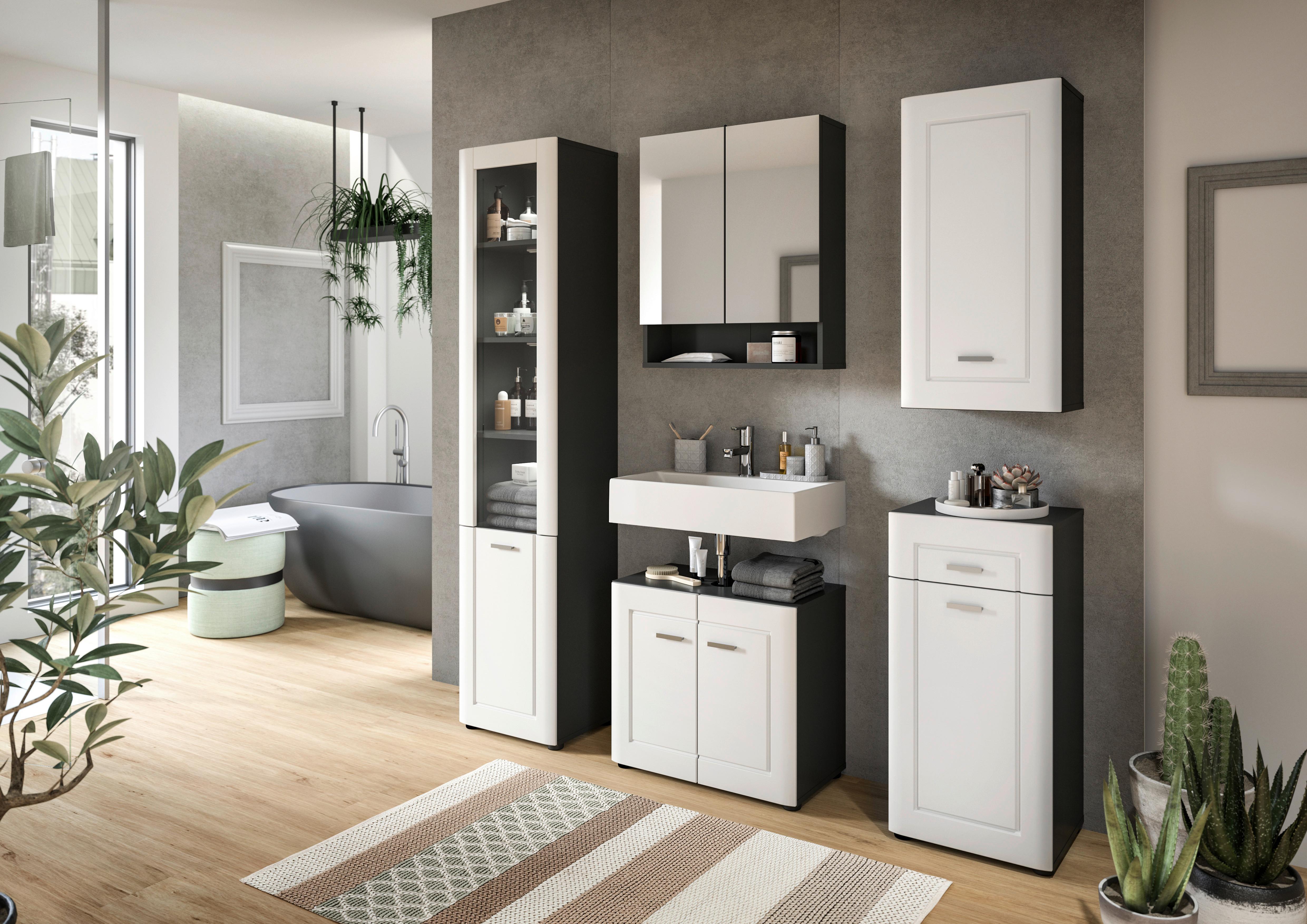 Badezimmer Hochschrank Lago 40x188 cm Weiß Matt/ Grau - Schwarz/Weiß, MODERN, Holzwerkstoff (40/188/34cm) - MID.YOU