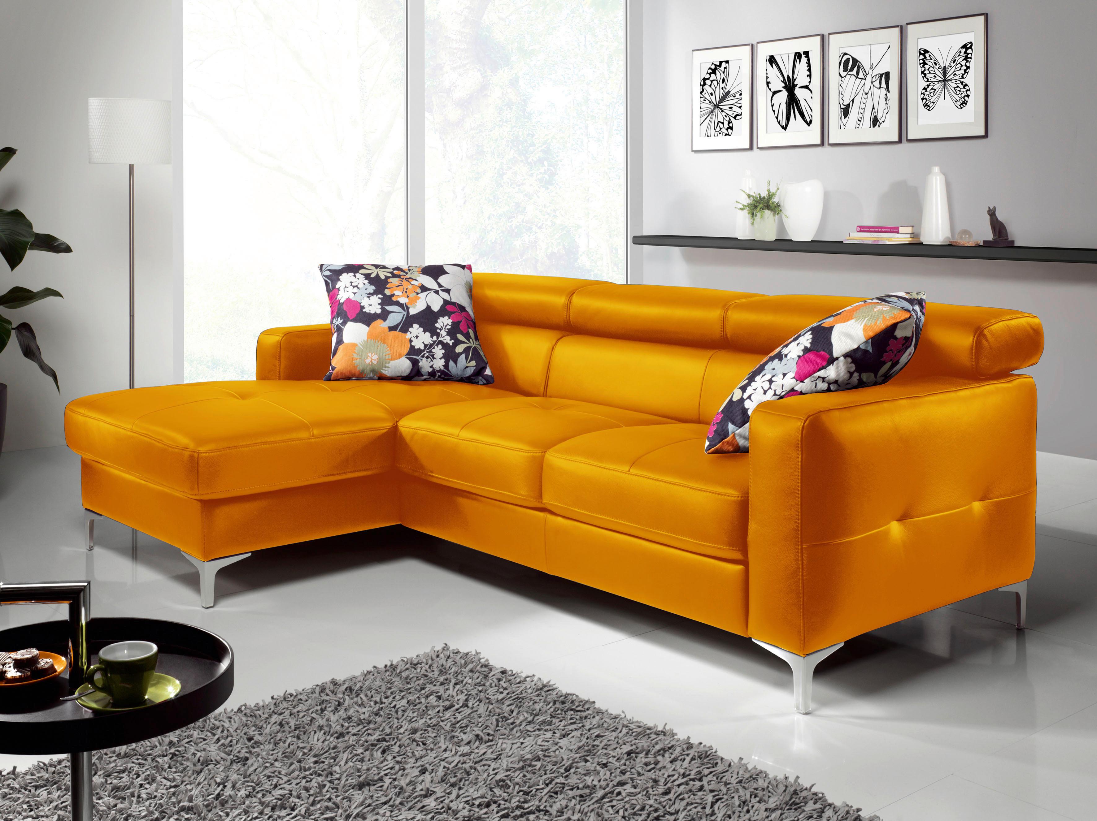 Ecksofa Mit Schlaffunktion Sammy Gelb Leder - Chromfarben/Gelb, Design, Leder (168/227cm) - Livetastic