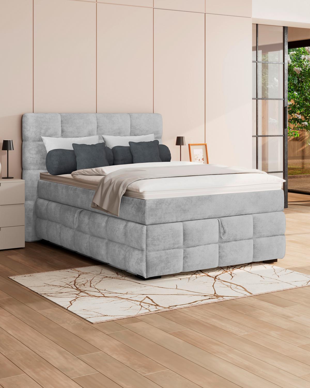 Čalúnená posteľ VEGA 140x200 cm, svelosivá - čierna/zelená, Trend, drevo/textil (140/200cm)