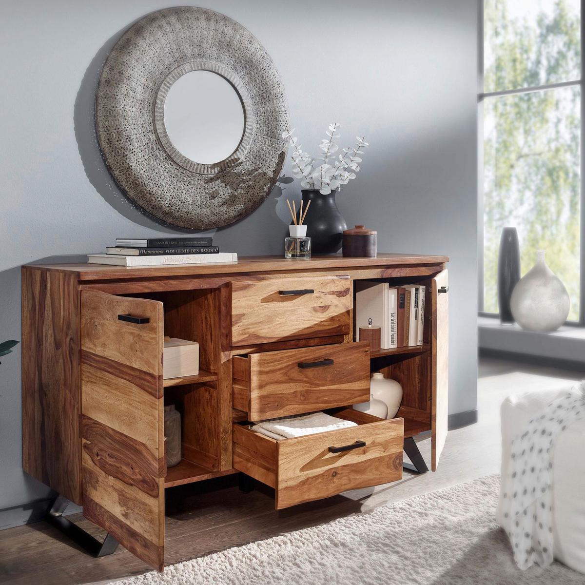 Sideboard 145 cm Sheesham, Sheeshamfarben - Sheeshamfarben/Schwarz, Design, Holz (145/82/45cm) - MID.YOU