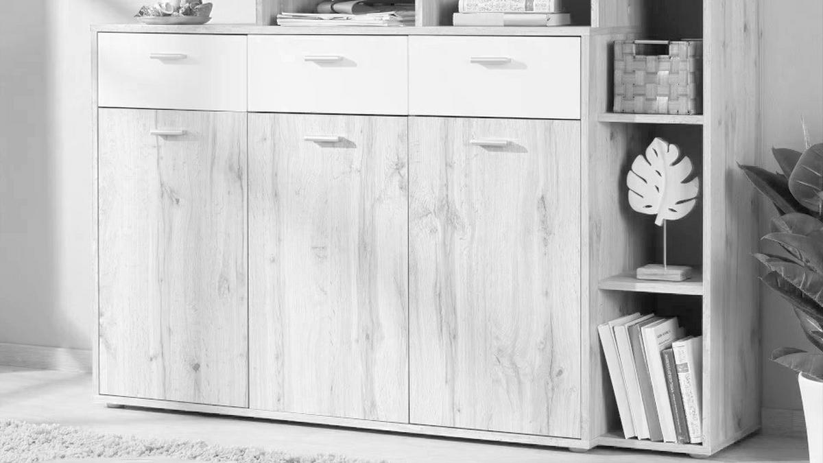 Kommode B 150cm Tom, San Remo Eiche Dekor/weiß - Eichefarben/Silberfarben, MODERN, Holzwerkstoff (150/105/40cm)