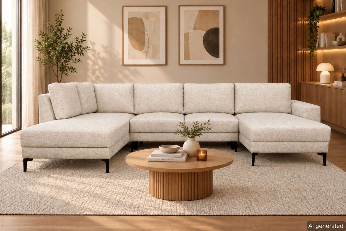 Wohnlandschaft Arizona mit Schlaffunktion, Webstoff beige - Beige/Schwarz, KONVENTIONELL, Textil (196/339/165cm)