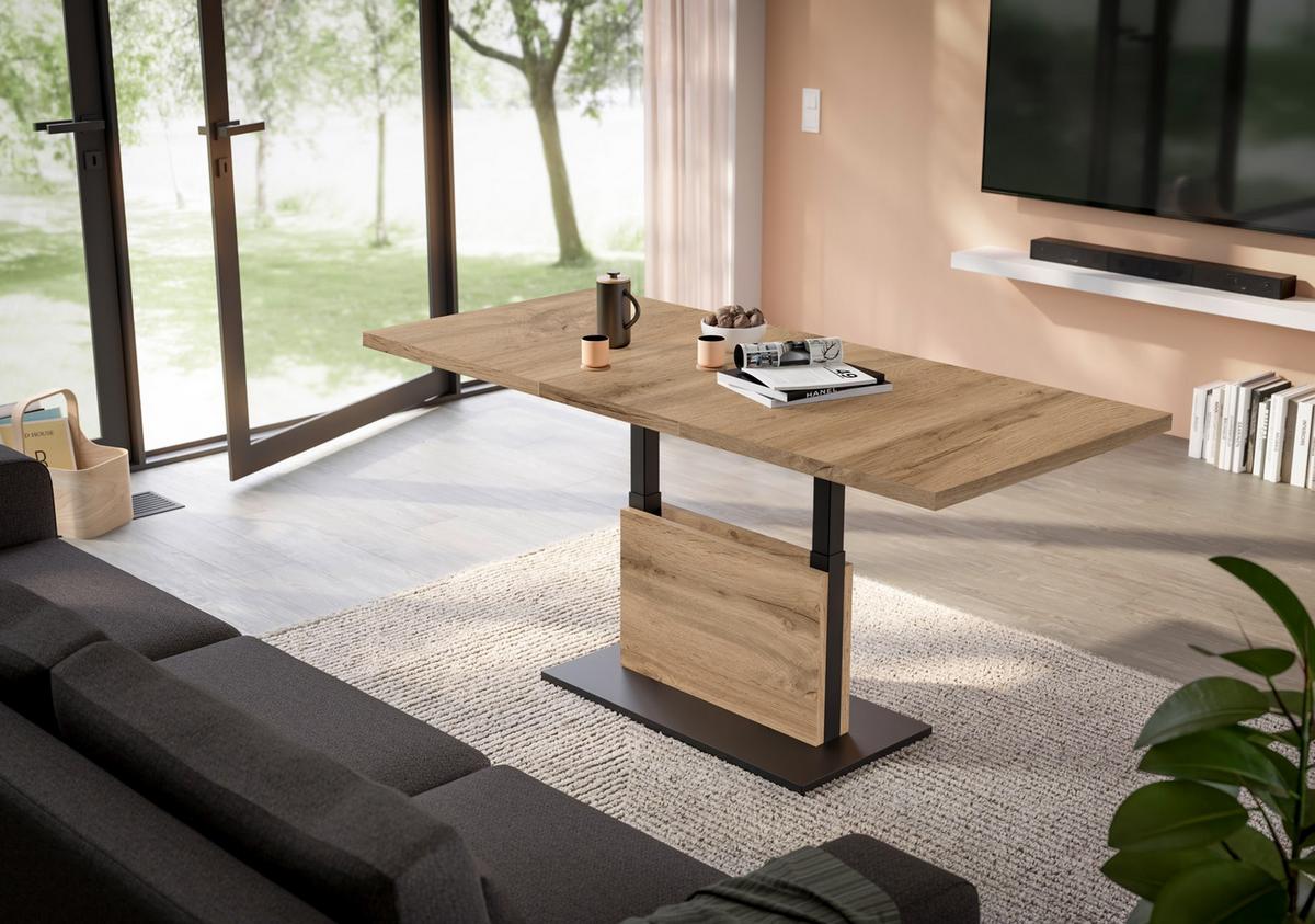 Couchtisch Lift Eiche Wotan/schwarz B: 120 Cm - Eiche Wotan/Schwarz, Design, Holzwerkstoff/Metall (120-160/56-75/70cm) - MID.YOU