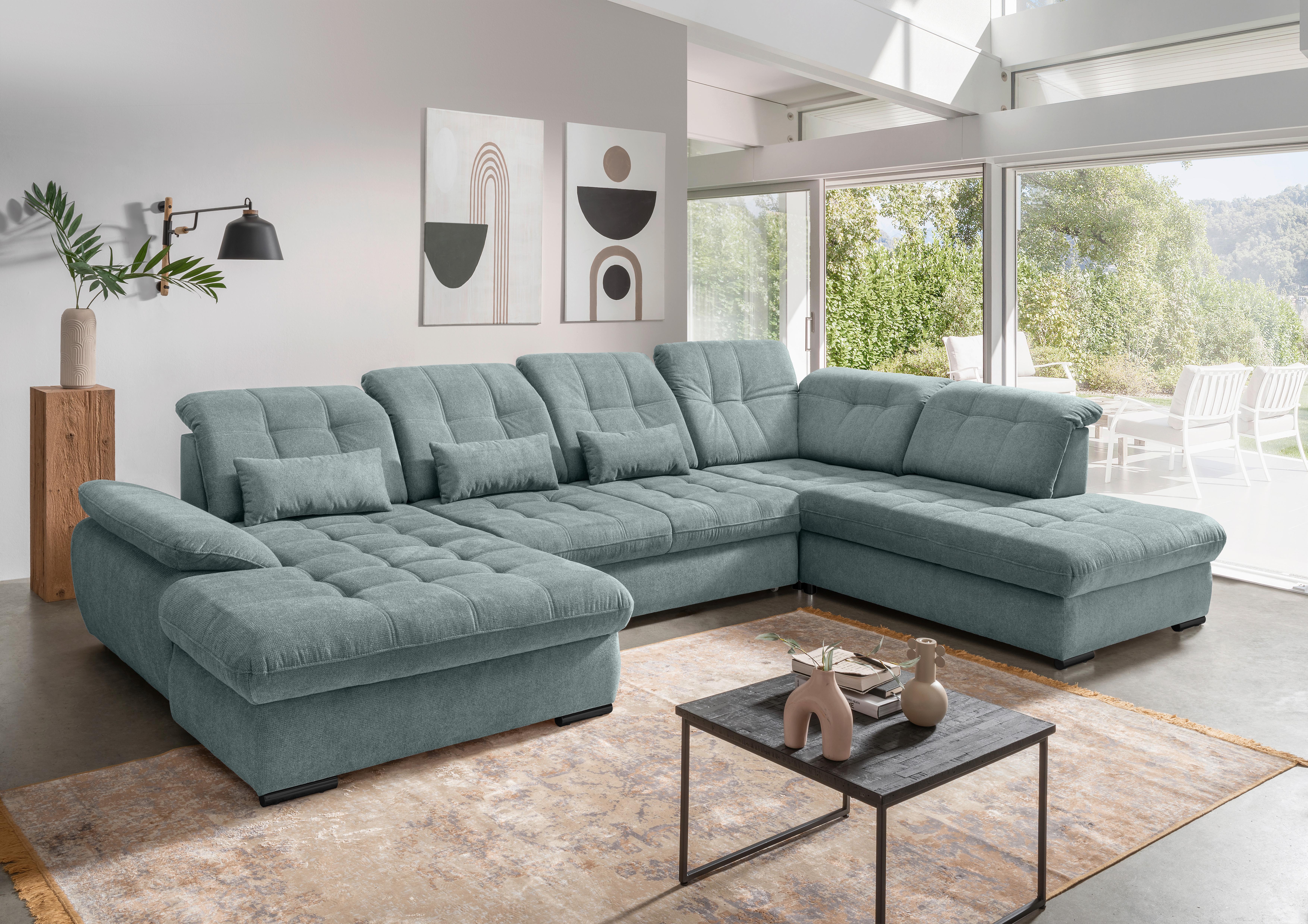 Wohnlandschaft mit Bettkasten Rigatti Blau B: 387 cm - Blau/Schwarz, MODERN, Textil (184/387/252cm) - Livetastic