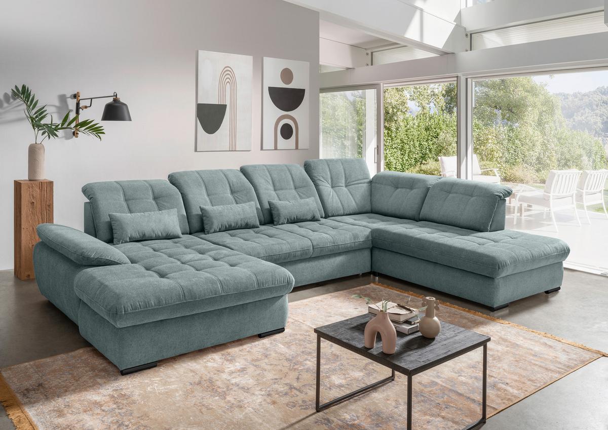 Wohnlandschaft Mit Bettkasten Rigatti Blau B: 387 Cm - Blau/Schwarz, MODERN, Textil (184/387/252cm) - Livetastic