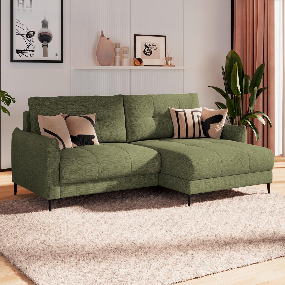 Ecksofa Polis Webstoff grün, 221x142cm - Schwarz/Grün, Trend, Textil (221/142cm) - Ondega