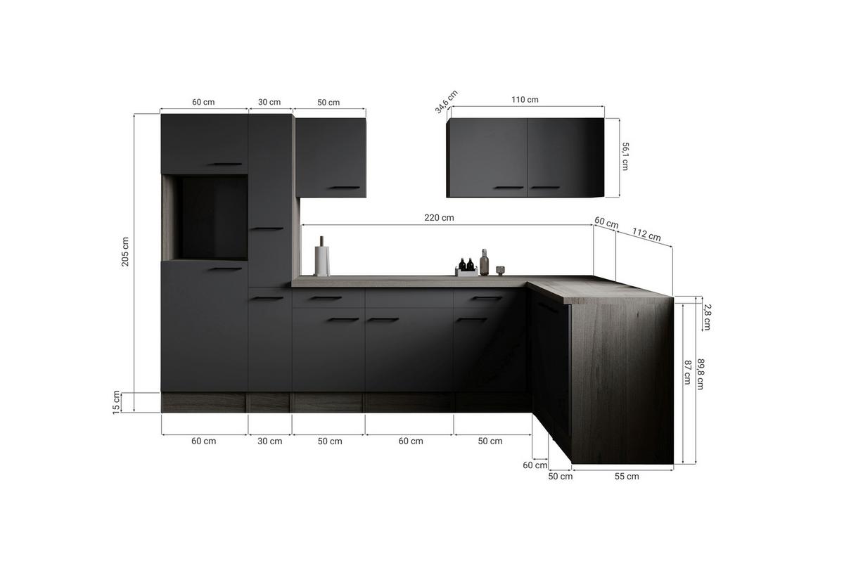 Eckküche Oliver Grau, Eiche Dekor S: 310x172cm - Eichefarben/Grau, Design, Holzwerkstoff (310/172cm) - Respekta