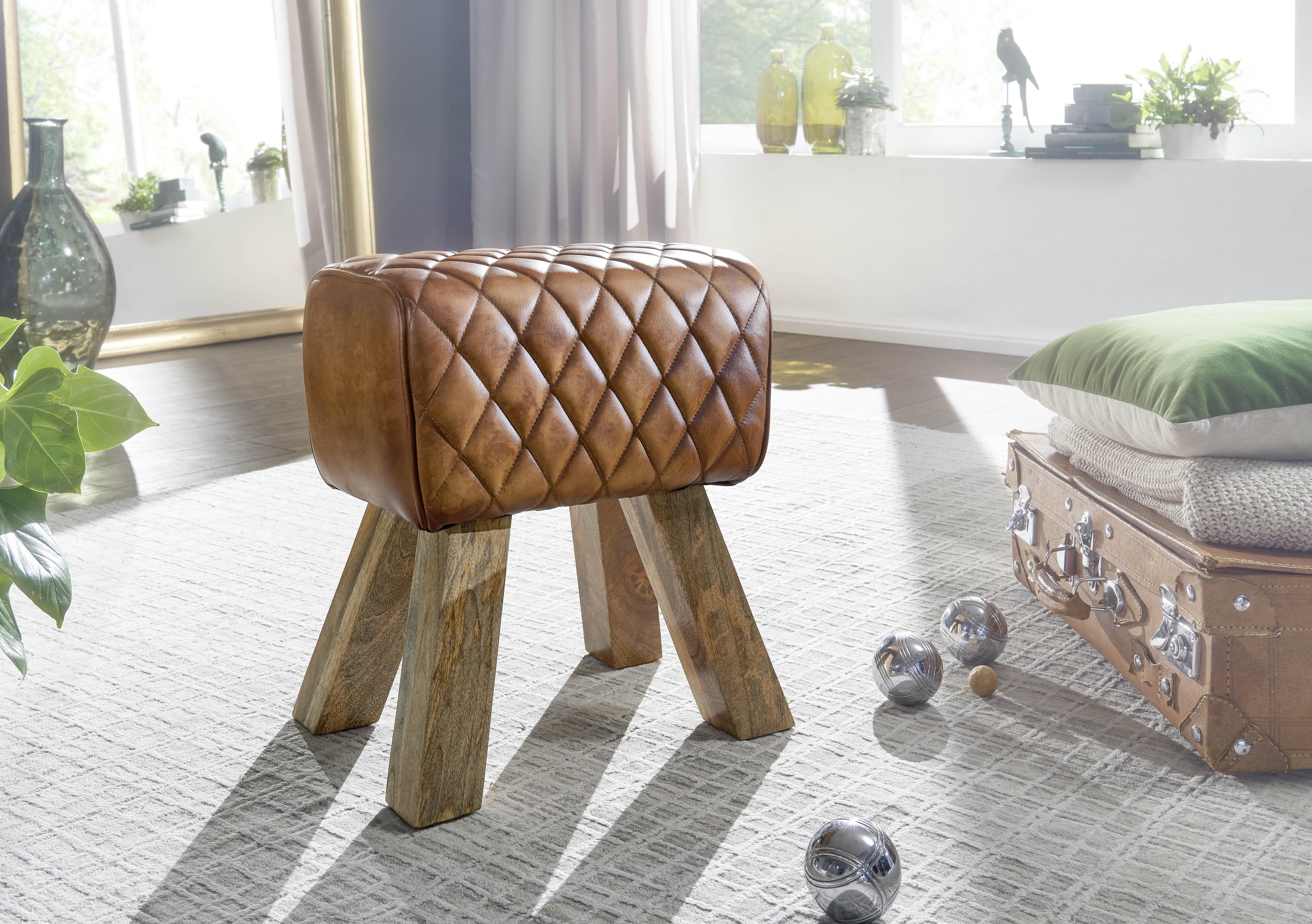Taburetka Hocker Pravá Koža - prírodné farby/hnedá, Moderný, koža/drevo (40/48/27cm) - MID.YOU