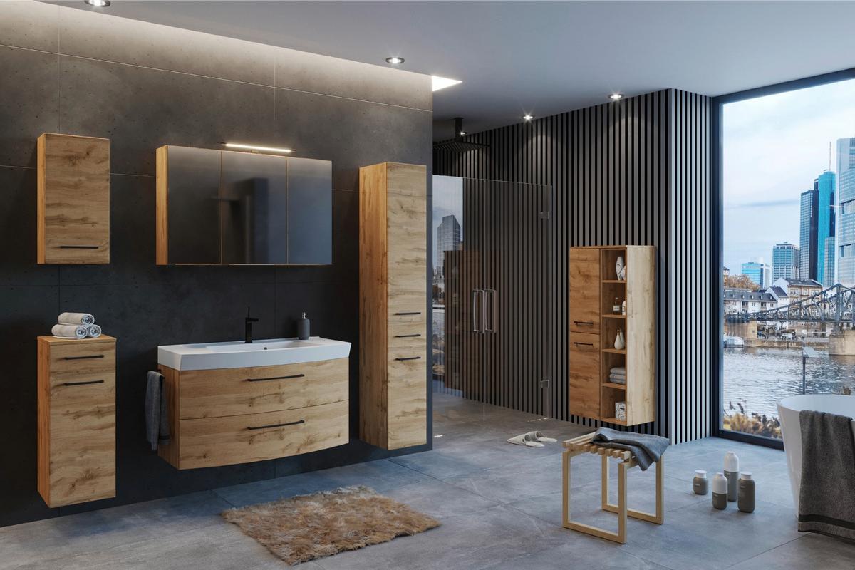 Waschbecken mit Unterschrank Manchester B:100cm Eiche Dekor - Eichefarben/Weiß, MODERN, Keramik/Holzwerkstoff (100cm) - Held