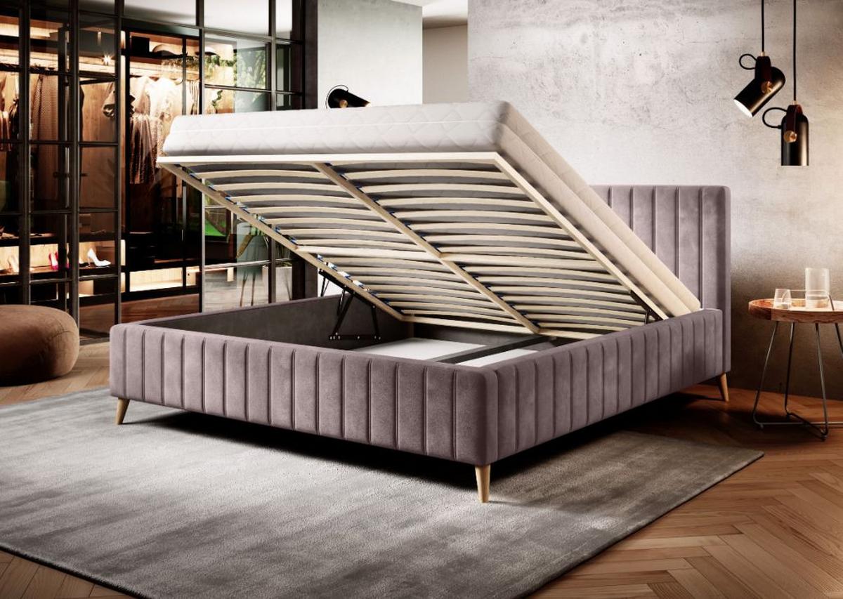 Postel Tamina s roštem a úložným prostorem 180x200cm - přírodní barvy/fialová, Design, dřevo/textil (180/200cm)