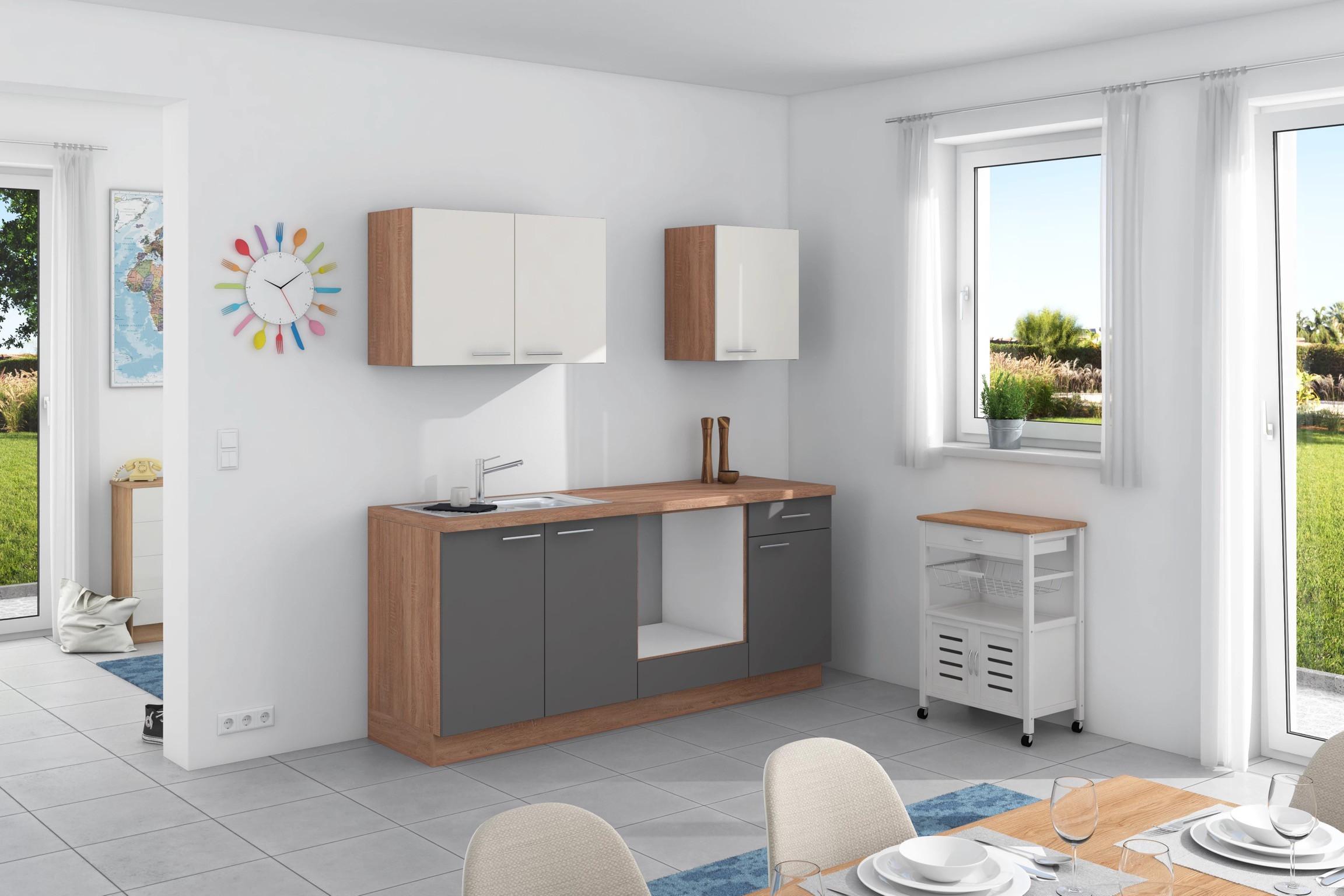 Küchenzeile Base ohne Geräte 200 cm Anthrazit/Weiß/Eiche - Anthrazit/Weiß, Design, Holzwerkstoff (200cm) - Express