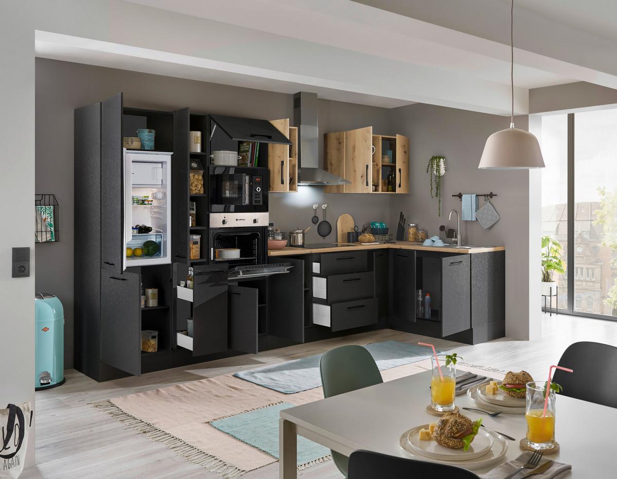 Eckküche Turin Schwarz/Eiche Dekor 360x165 cm - Schwarz/Eiche Artisan, Basics, Holzwerkstoff (360/165cm) - MID.YOU