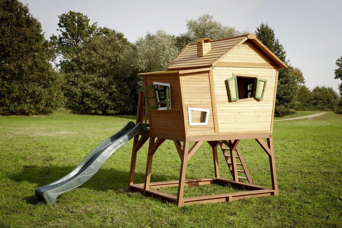 Spielhaus Holz Mit Rutsche Und Kletterwand Braun Grün Max - Braun/Naturfarben, KONVENTIONELL, Holz (435/291/180cm) - Ambia Garden