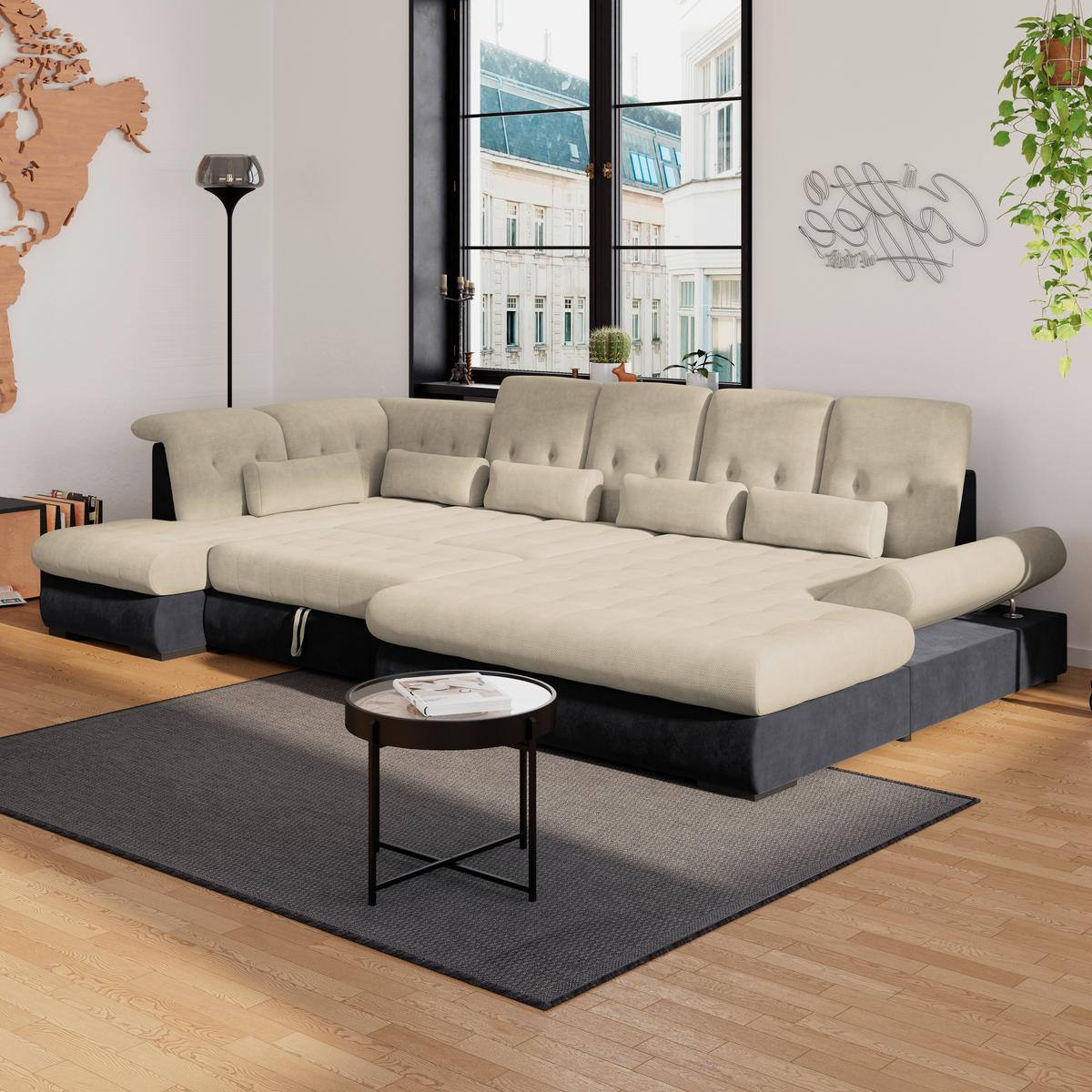 Wohnlandschaft Madera Cremefarben U: 212x358x190 cm - Anthrazit/Creme, KONVENTIONELL, Kunststoff/Textil (212/358/190cm)