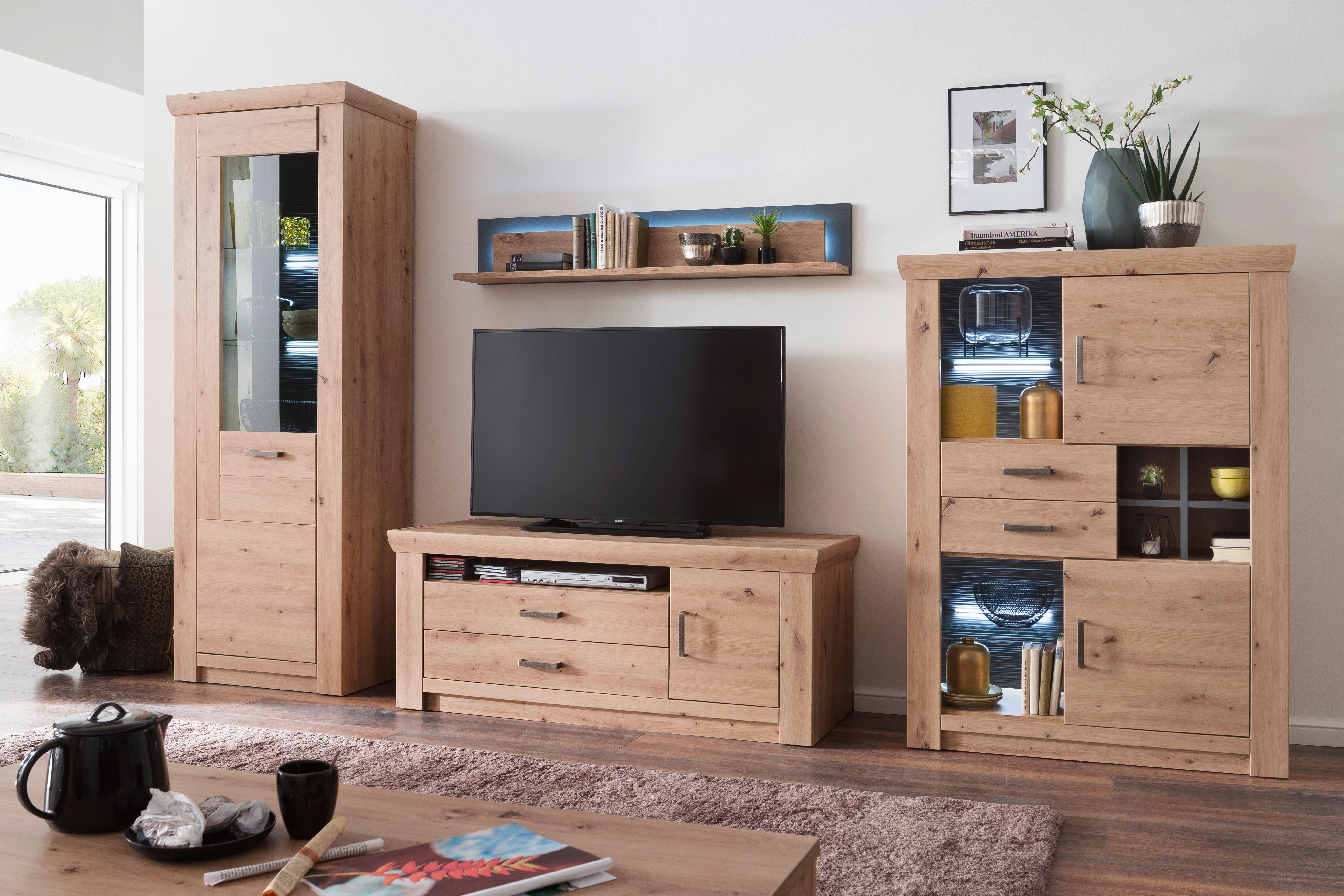 Wohnkombination 4-Tlg. Meran Anthrazit/Eichefarben - Eichefarben/Anthrazit, Design, Glas/Holzwerkstoff (336/211/55cm) - Livetastic