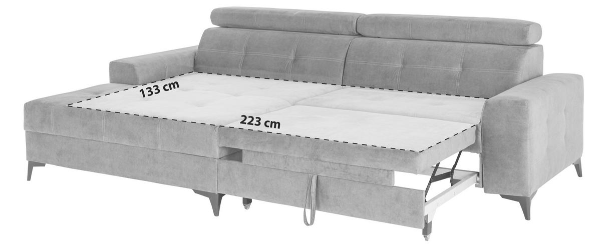 Ecksofa mit Schlaffunktion Florida Hellgrau Samt - Hellgrau, MODERN, Holz/Holzwerkstoff (175/275cm)
