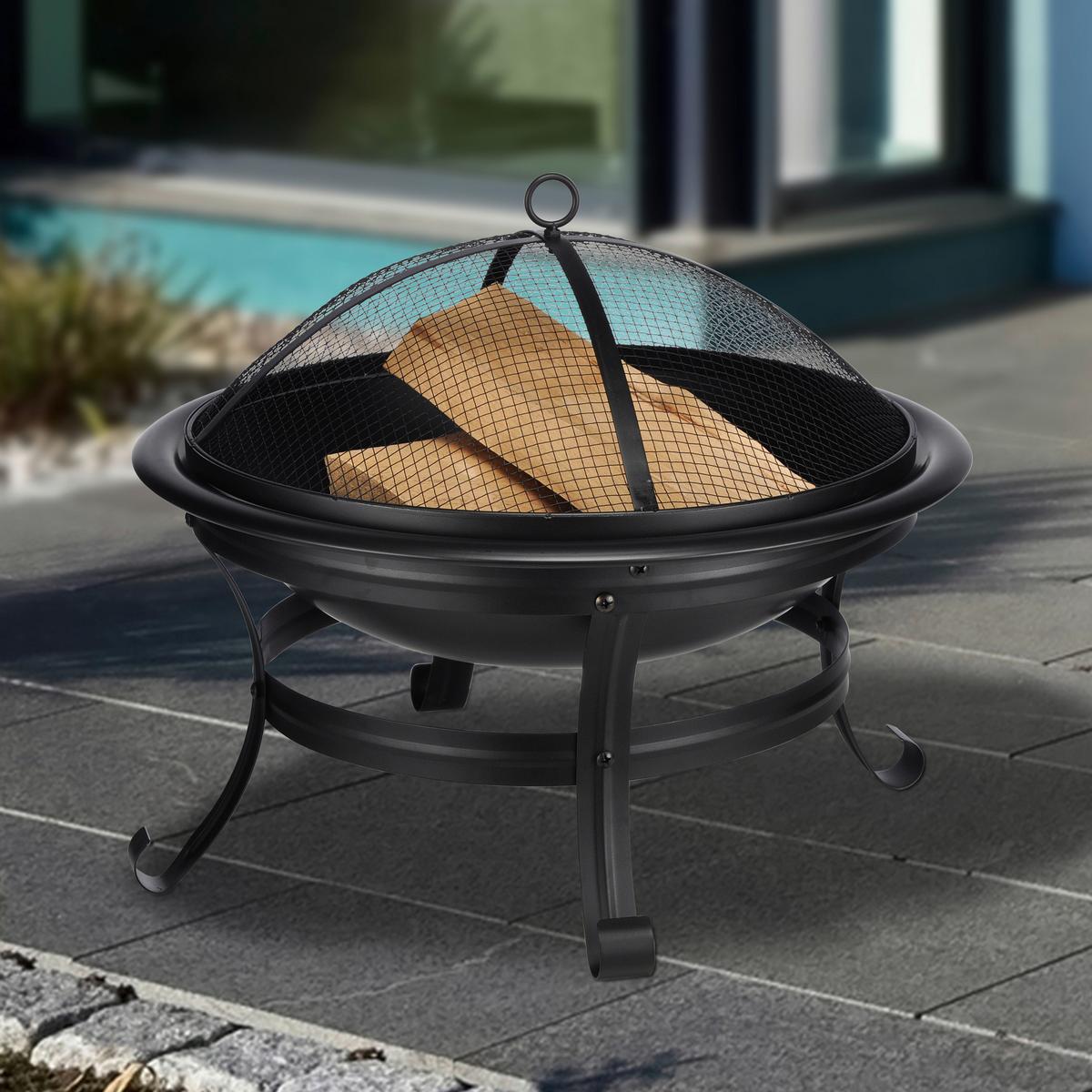 Feuerstelle Ø 55 cm inkl. Funkenschutz und Schürhaken - Schwarz, Basics, Metall (55/48cm)