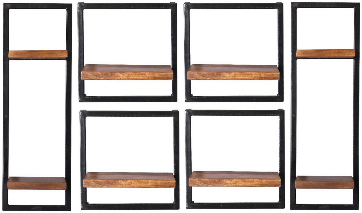 Wandregalset 6-tlg. Mangoholz B: 135cm - Schwarz/Naturfarben, Design, Holz/Metall (135/75/25cm) - MID.YOU
